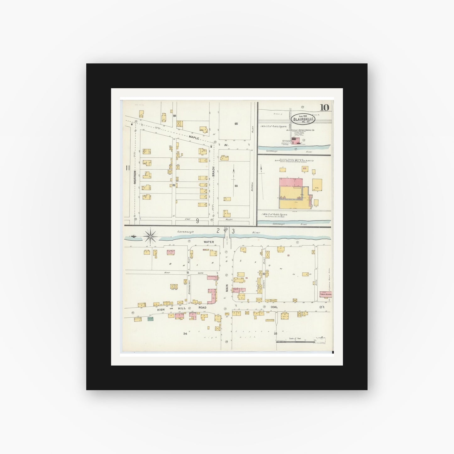 Old map wall art mockup — black gallery frame with white mat — Sanborn Fire Insurance Map from Blairsville, Indiana County, Pennsylvania (1903), Sheet #0010