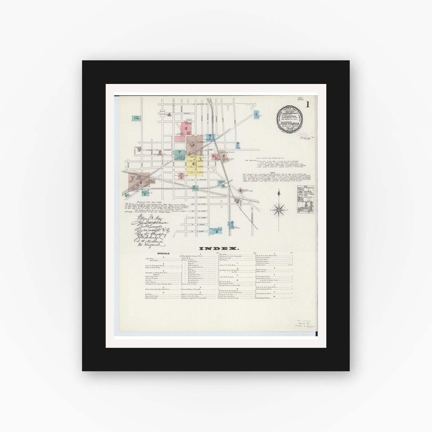 Old map wall art mockup — black gallery frame with white mat — Sanborn Fire Insurance Map from Fostoria, Seneca, Hancock, And Wood Counties, Ohio (1891) - Complete Map Set