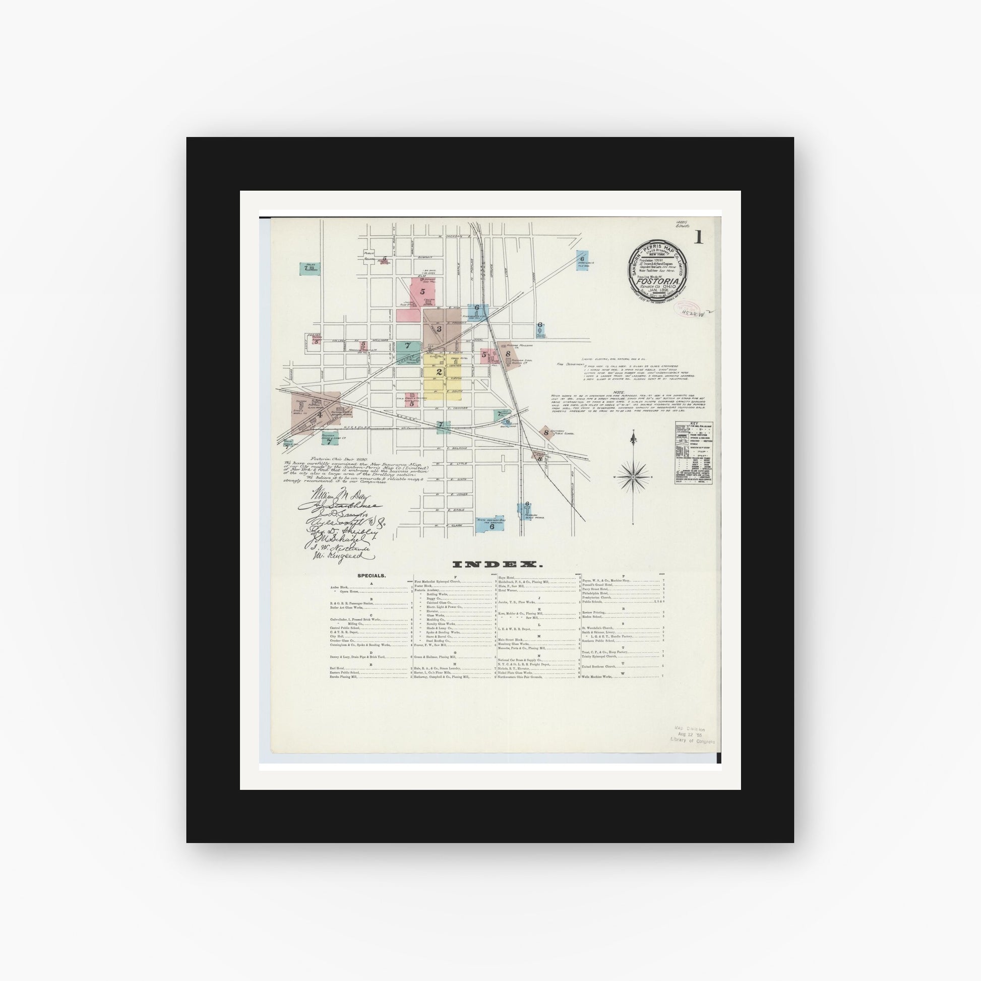 Old map wall art mockup — black gallery frame with white mat — Sanborn Fire Insurance Map from Fostoria, Seneca, Hancock, And Wood Counties, Ohio (1891) - Complete Map Set