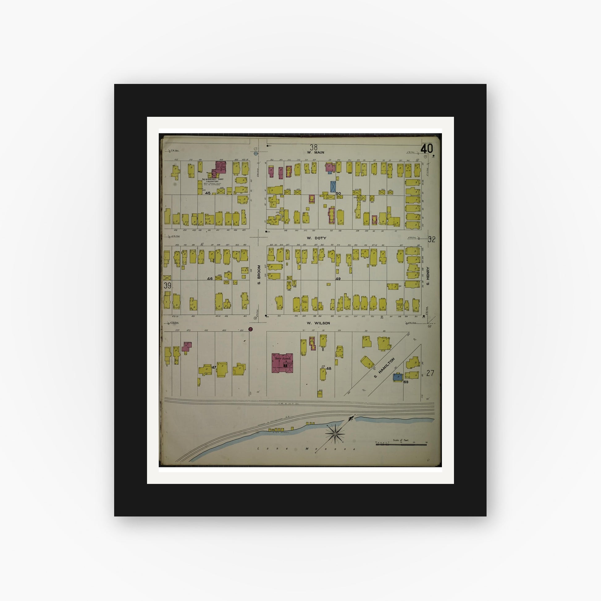 Old map wall art mockup — black gallery frame with white mat — Sanborn Fire Insurance Map from Madison, Dane County, Wisconsin (1908), Sheet #0040