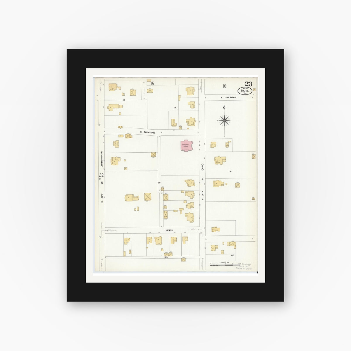 Old map wall art mockup — black gallery frame with white mat — Sanborn Fire Insurance Map from Paris, Lamar County, Texas (1908), Sheet #0023