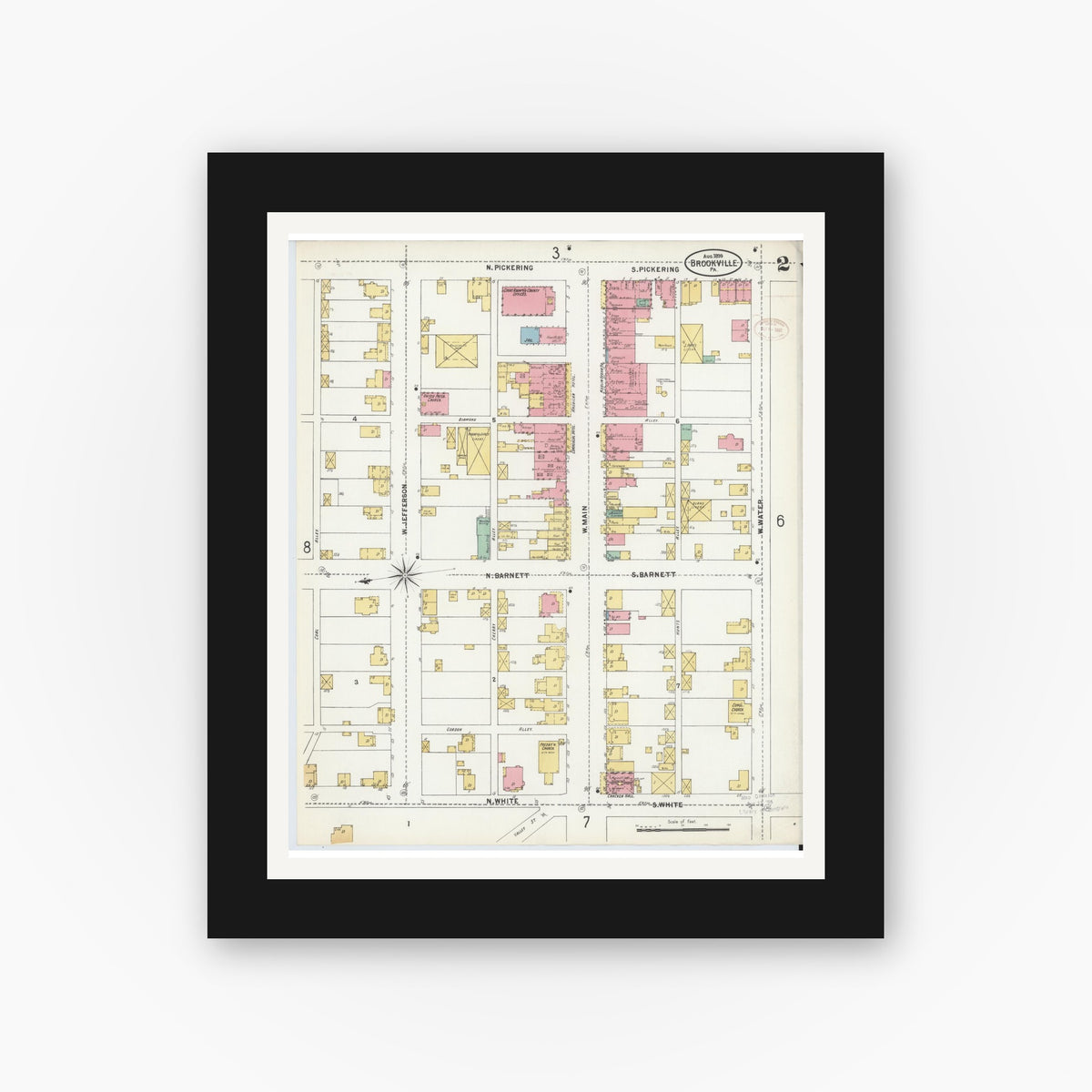 Old map wall art mockup — black gallery frame with white mat — Sanborn Fire Insurance Map from Brookville, Jefferson County, Pennsylvania (1899), Sheet #0002