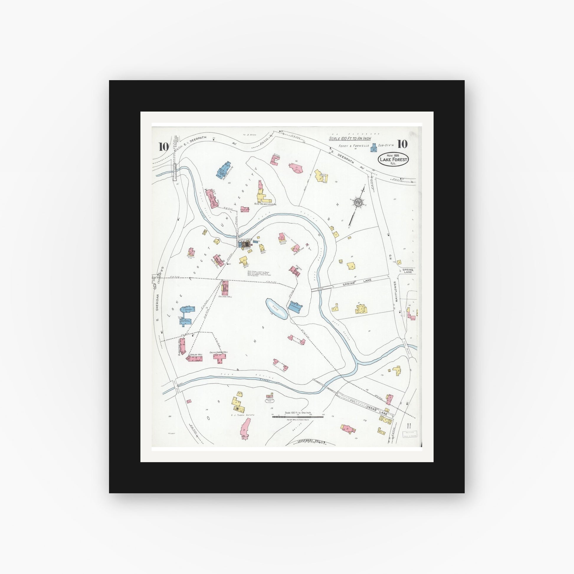 Old map wall art mockup — black gallery frame with white mat — Sanborn Fire Insurance Map from Lake Forest, Lake County, Illinois (1926), Sheet #0010