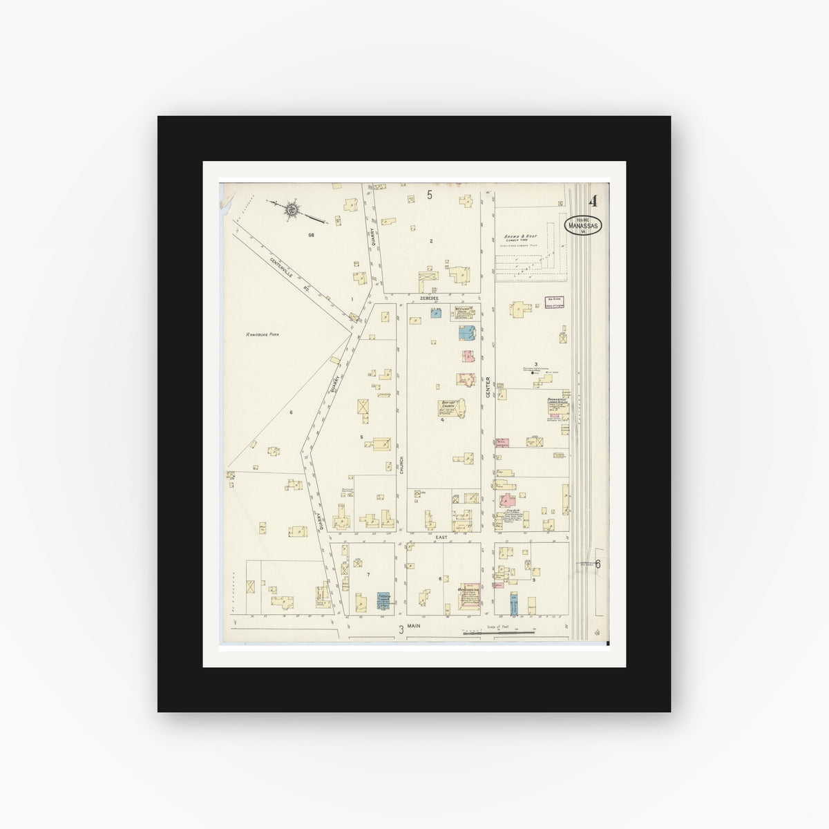 Old map wall art mockup — black gallery frame with white mat — Sanborn Fire Insurance Map from Manassas, Independent Cities, Virginia (1912), Sheet #0004