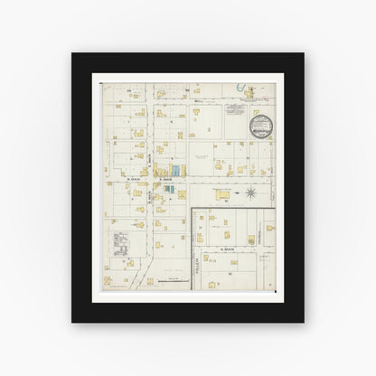 Old map wall art mockup — black gallery frame with white mat — Sanborn Fire Insurance Map from Morrisville, Polk County, Missouri (1893), Sheet #0001