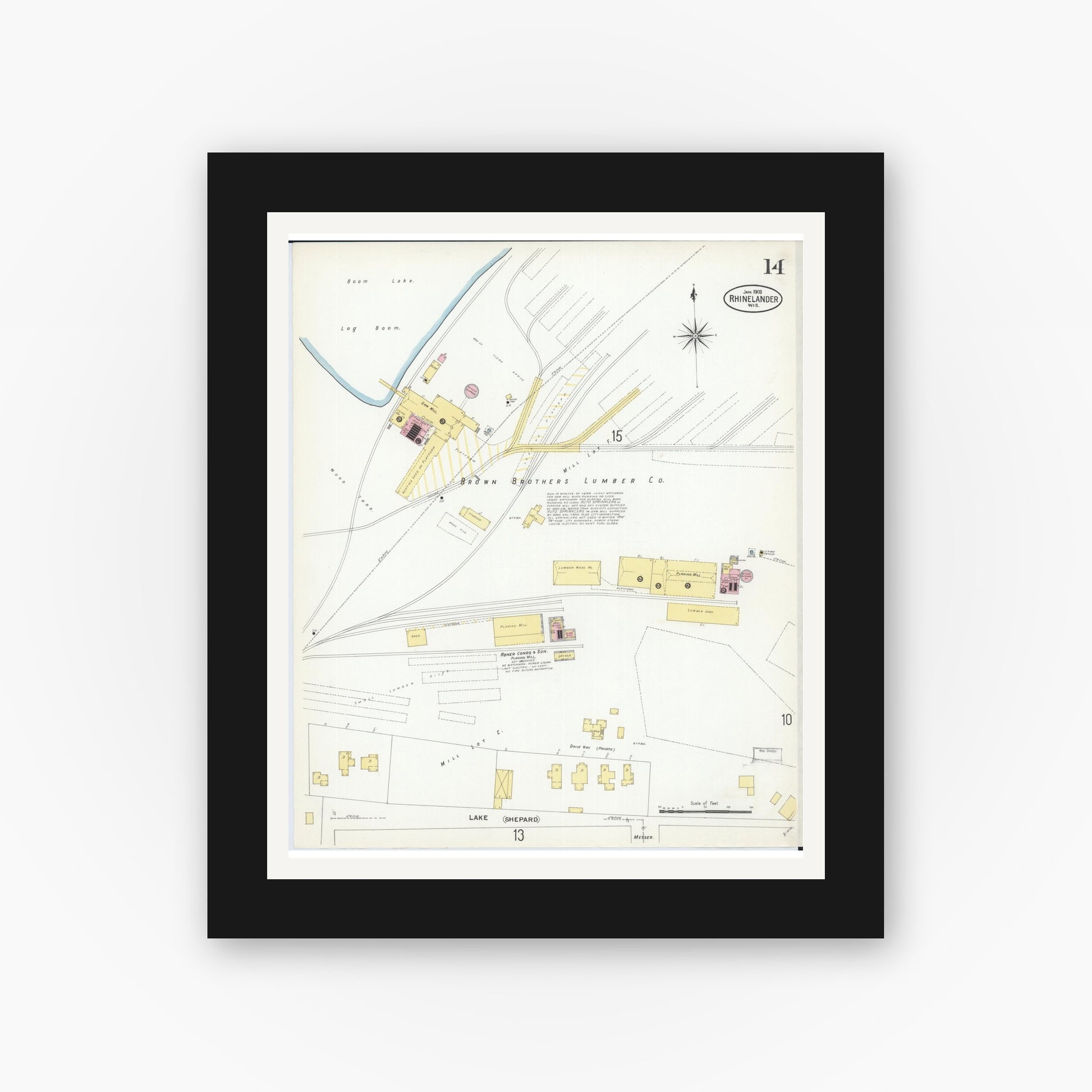 Old map wall art mockup — black gallery frame with white mat — Sanborn Fire Insurance Map from Rhinelander, Oneida County, Wisconsin (1908), Sheet #0014