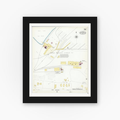 Old map wall art mockup — black gallery frame with white mat — Sanborn Fire Insurance Map from Rhinelander, Oneida County, Wisconsin (1908), Sheet #0014