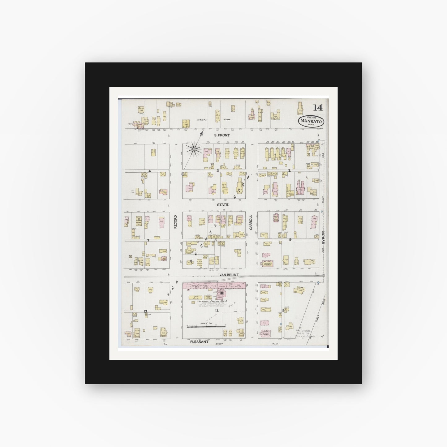 Old map wall art mockup — black gallery frame with white mat — Sanborn Fire Insurance Map from Mankato, Blue Earth County, Minnesota (1889), Sheet #0014