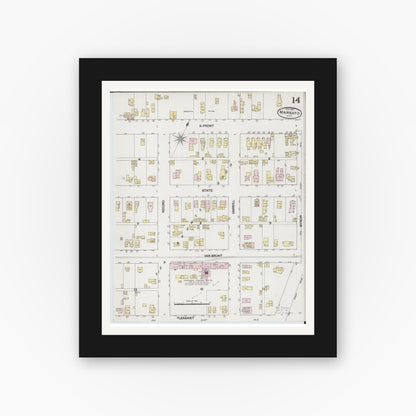 Old map wall art mockup — black gallery frame with white mat — Sanborn Fire Insurance Map from Mankato, Blue Earth County, Minnesota (1889), Sheet #0014