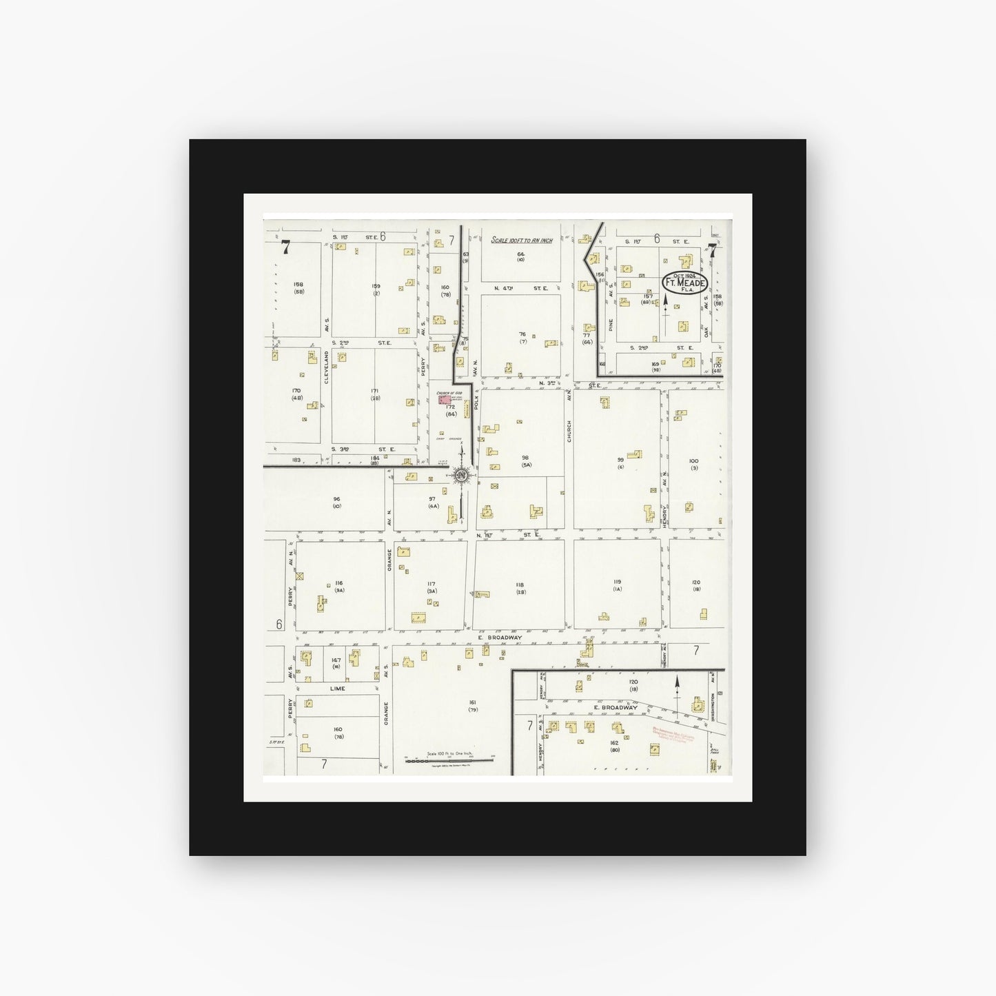 Old map wall art mockup — black gallery frame with white mat — Sanborn Fire Insurance Map from Fort Meade, Polk County, Florida (1924), Sheet #0007