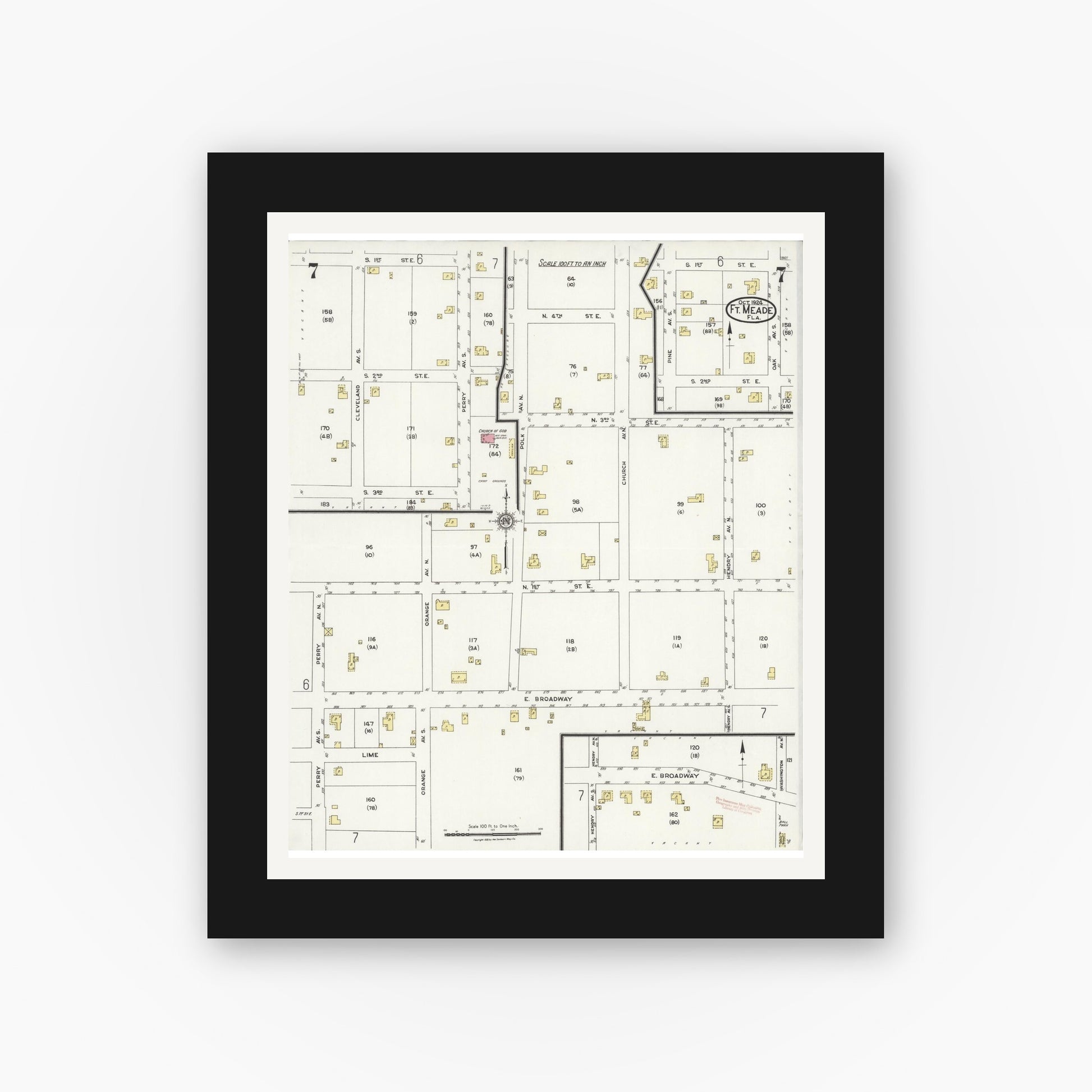 Old map wall art mockup — black gallery frame with white mat — Sanborn Fire Insurance Map from Fort Meade, Polk County, Florida (1924), Sheet #0007