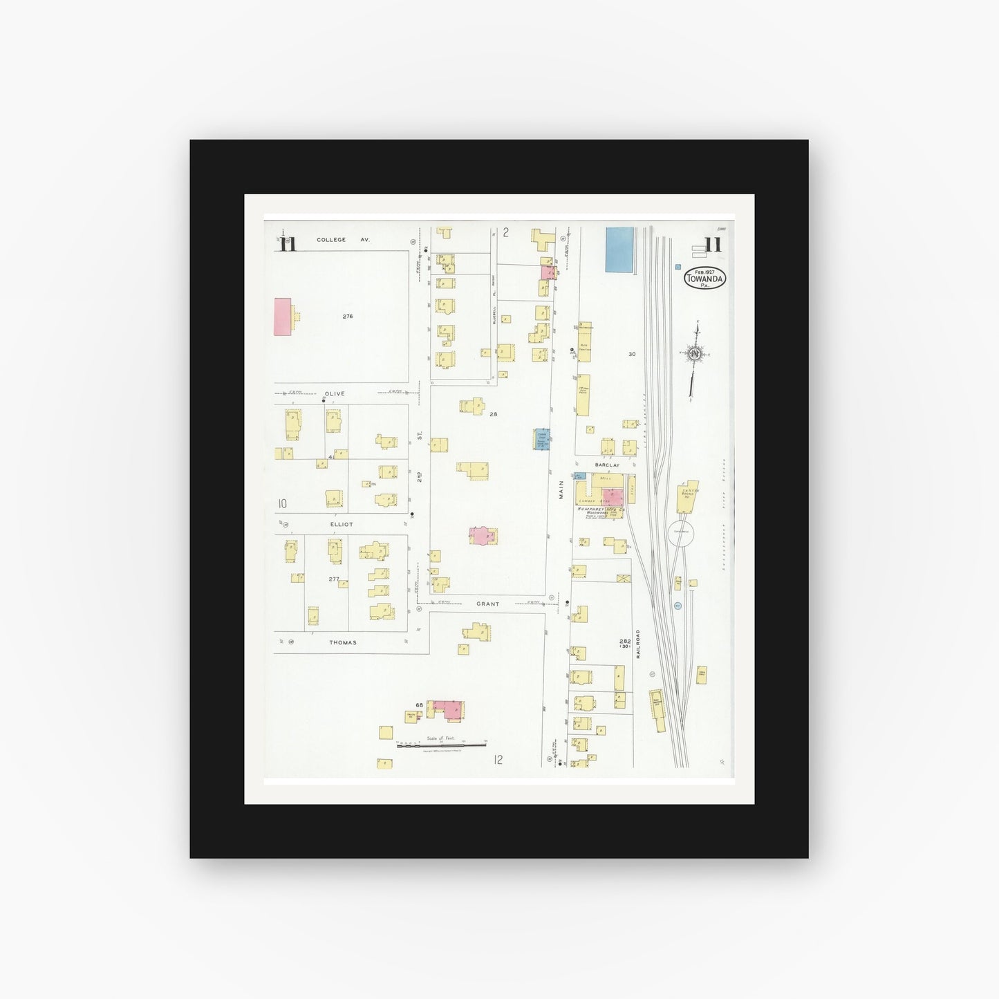 Old map wall art mockup — black gallery frame with white mat — Sanborn Fire Insurance Map from Towanda, Bradford County, Pennsylvania (1927), Sheet #0011
