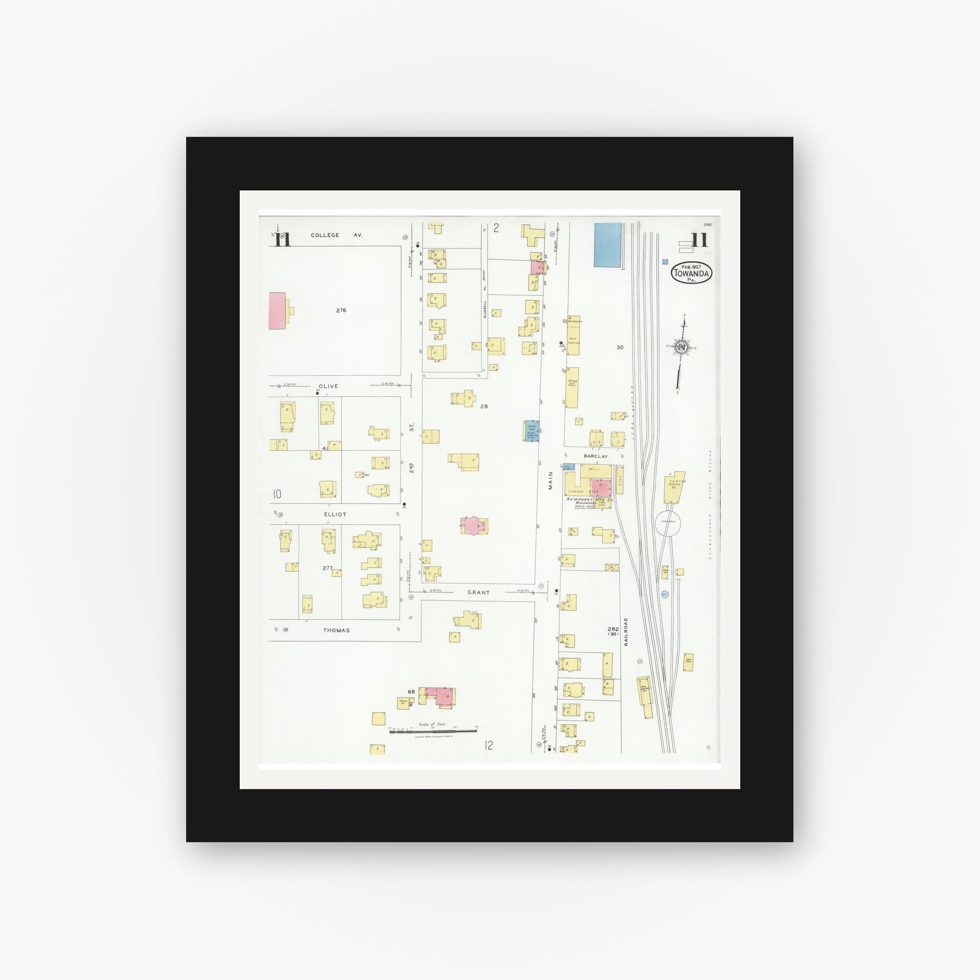 Old map wall art mockup — black gallery frame with white mat — Sanborn Fire Insurance Map from Towanda, Bradford County, Pennsylvania (1927), Sheet #0011