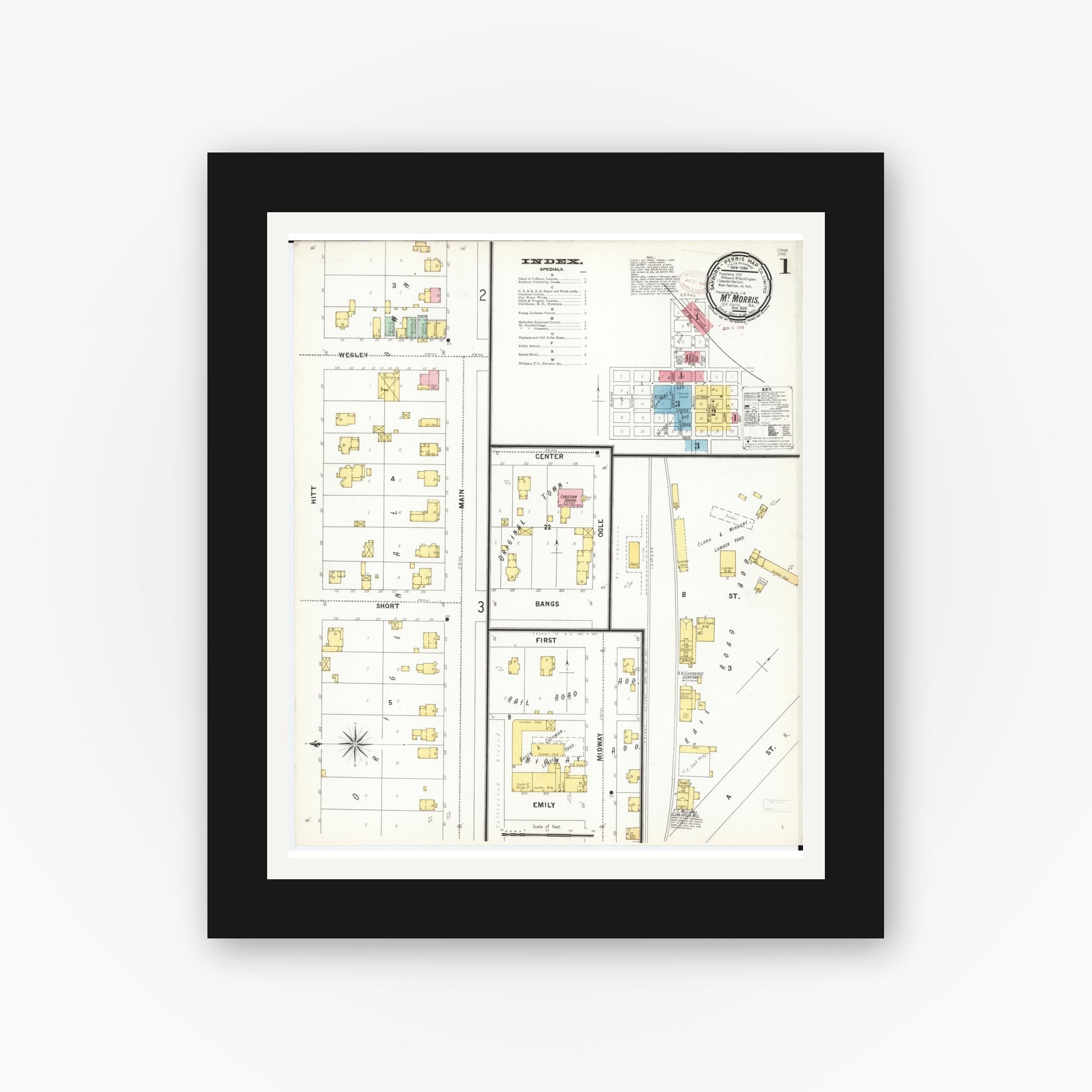 Old map wall art mockup — black gallery frame with white mat — Sanborn Fire Insurance Map from Mount Morris, Ogle County, Illinois (1899), Sheet #0001