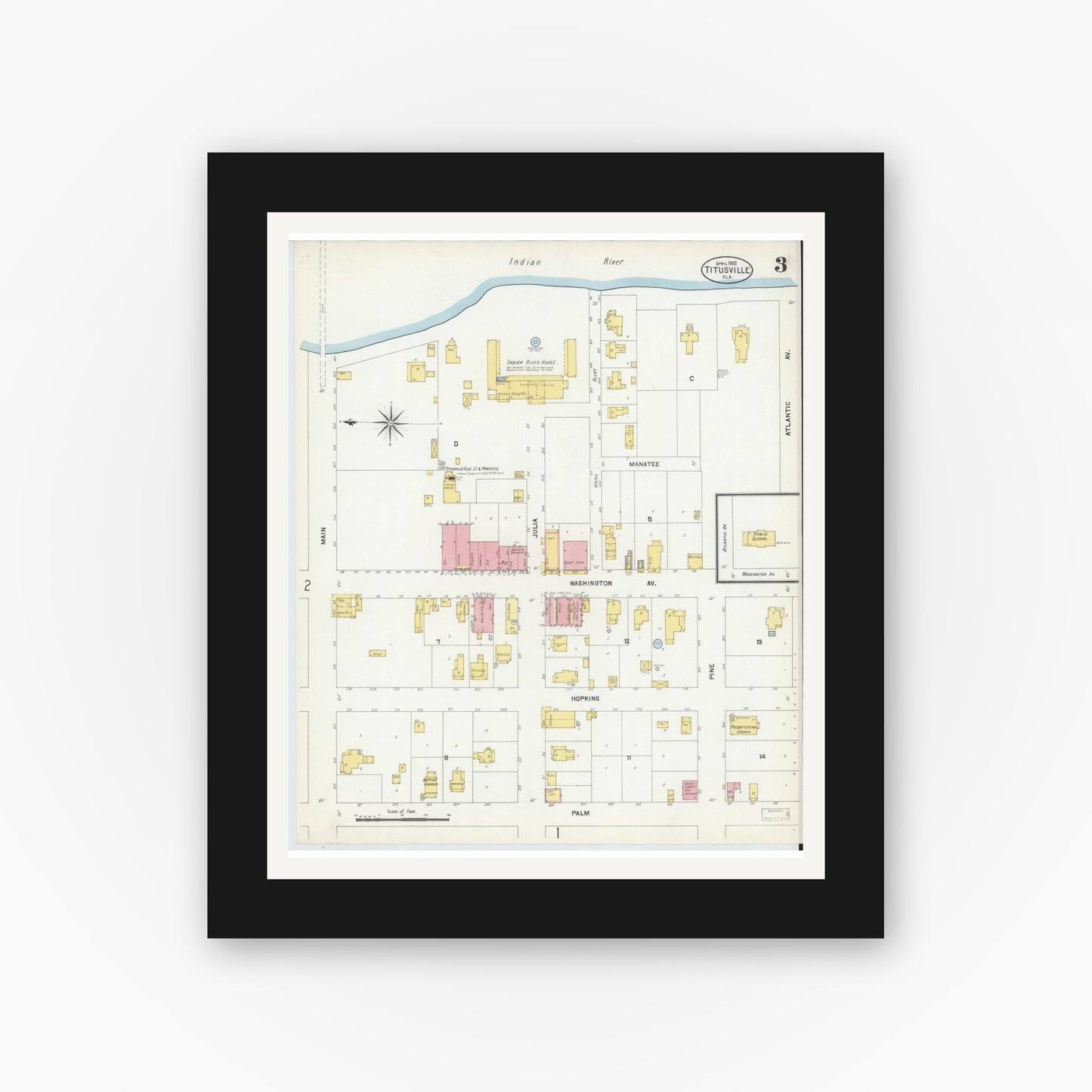 Old map wall art mockup — black gallery frame with white mat — Sanborn Fire Insurance Map from Titusville, Brevard County, Florida (1903), Sheet #0003