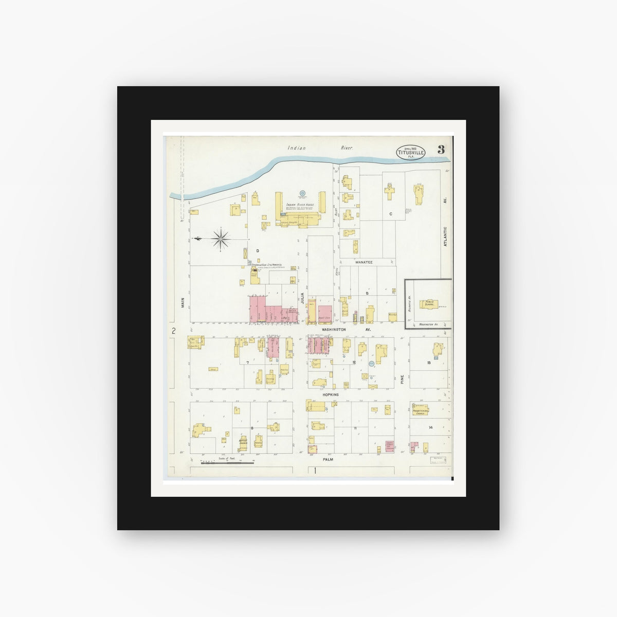 Old map wall art mockup — black gallery frame with white mat — Sanborn Fire Insurance Map from Titusville, Brevard County, Florida (1903), Sheet #0003