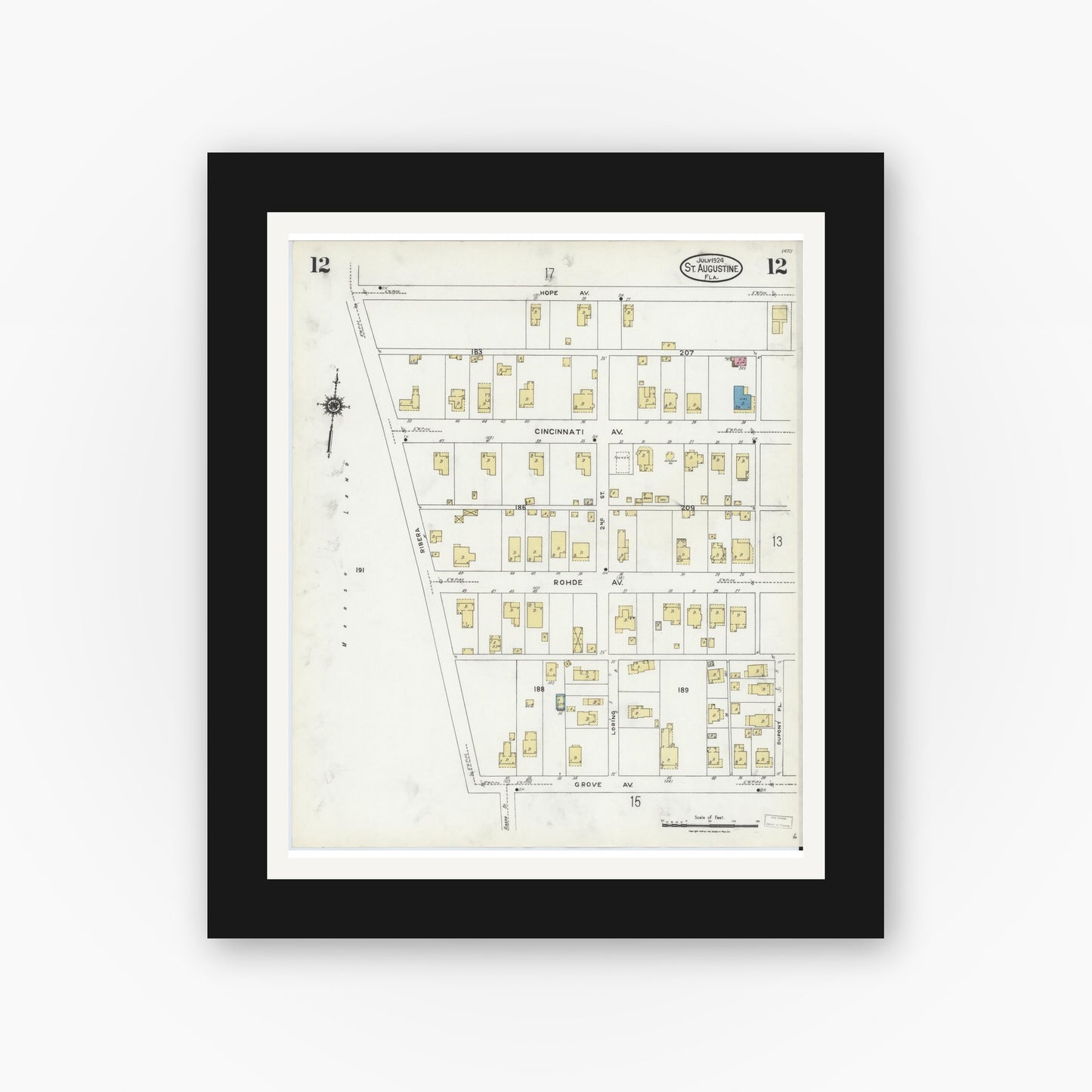 Old map wall art mockup — black gallery frame with white mat — Sanborn Fire Insurance Map from Saint Augustine, Saint John's County, Florida (1924), Sheet #0012
