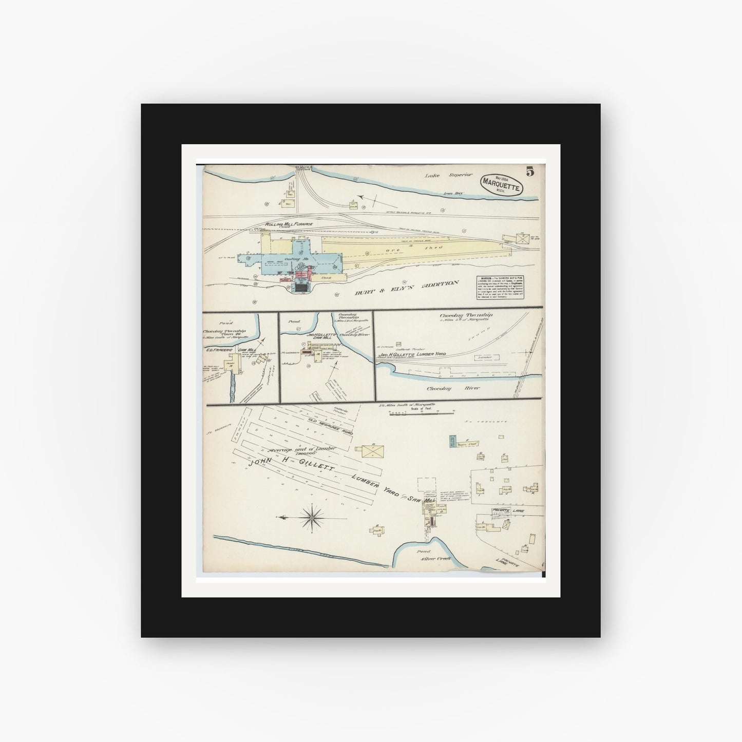 Old map wall art mockup — black gallery frame with white mat — Sanborn Fire Insurance Map from Marquette, Marquette County, Michigan (1884), Sheet #0005