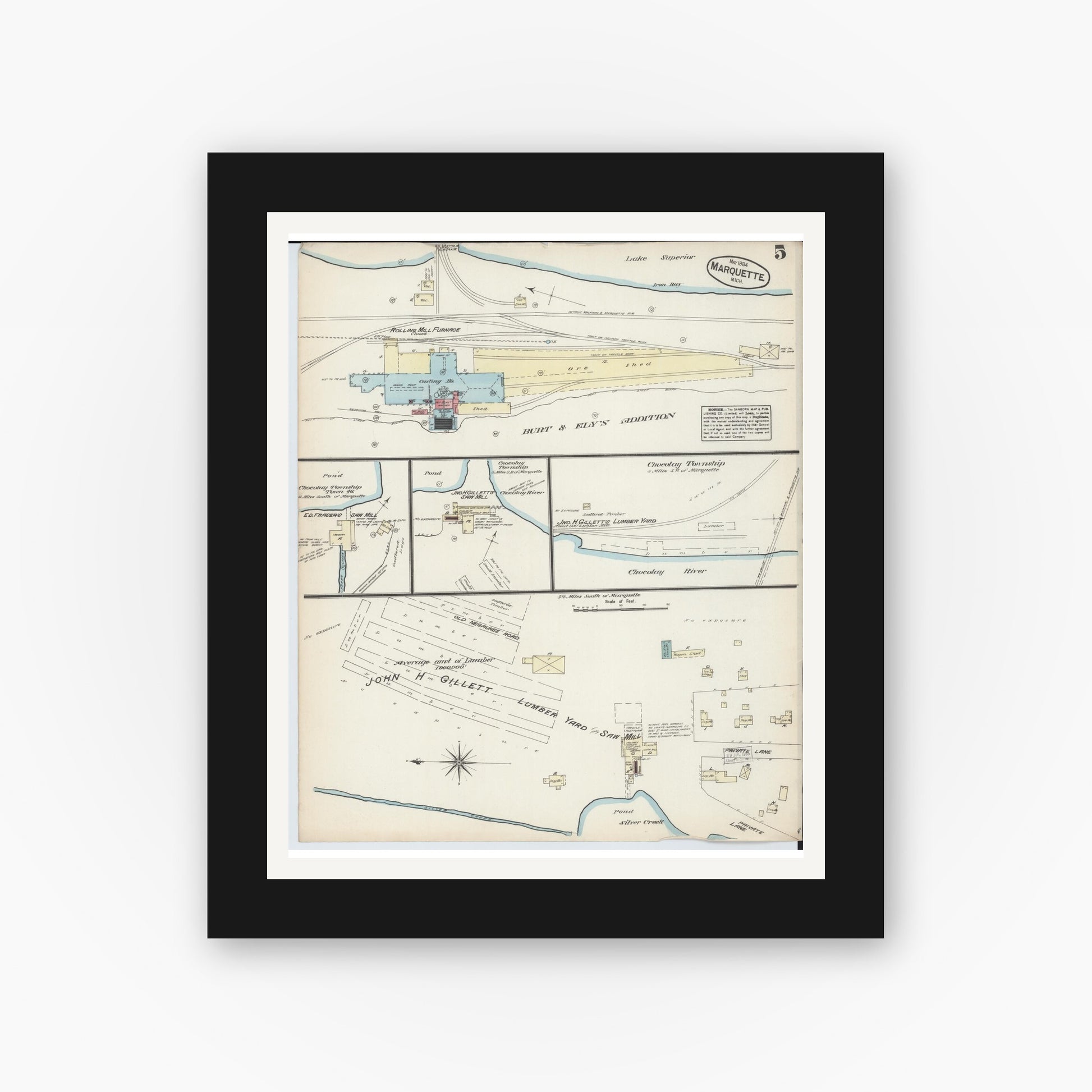 Old map wall art mockup — black gallery frame with white mat — Sanborn Fire Insurance Map from Marquette, Marquette County, Michigan (1884), Sheet #0005