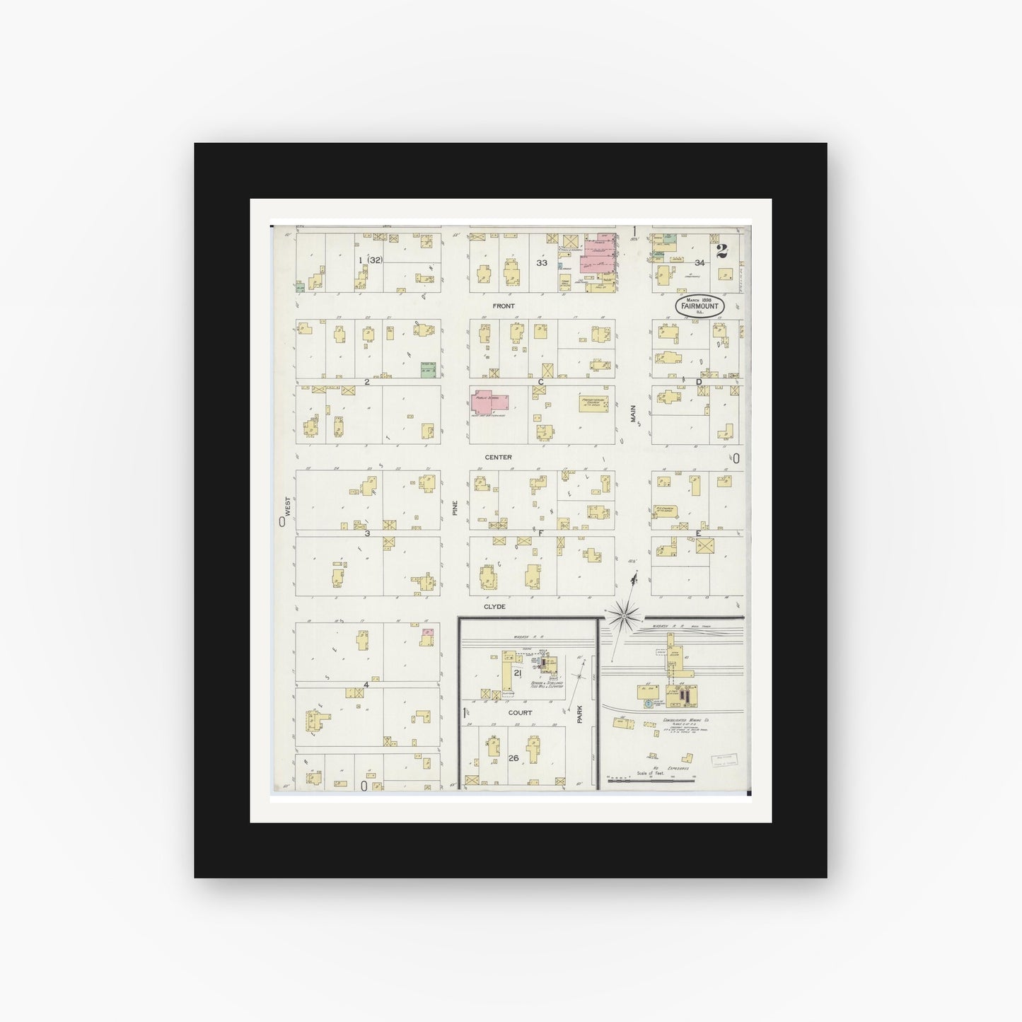 Old map wall art mockup — black gallery frame with white mat — Sanborn Fire Insurance Map from Fairmount, Vermilion County, Illinois (1898), Sheet #0002
