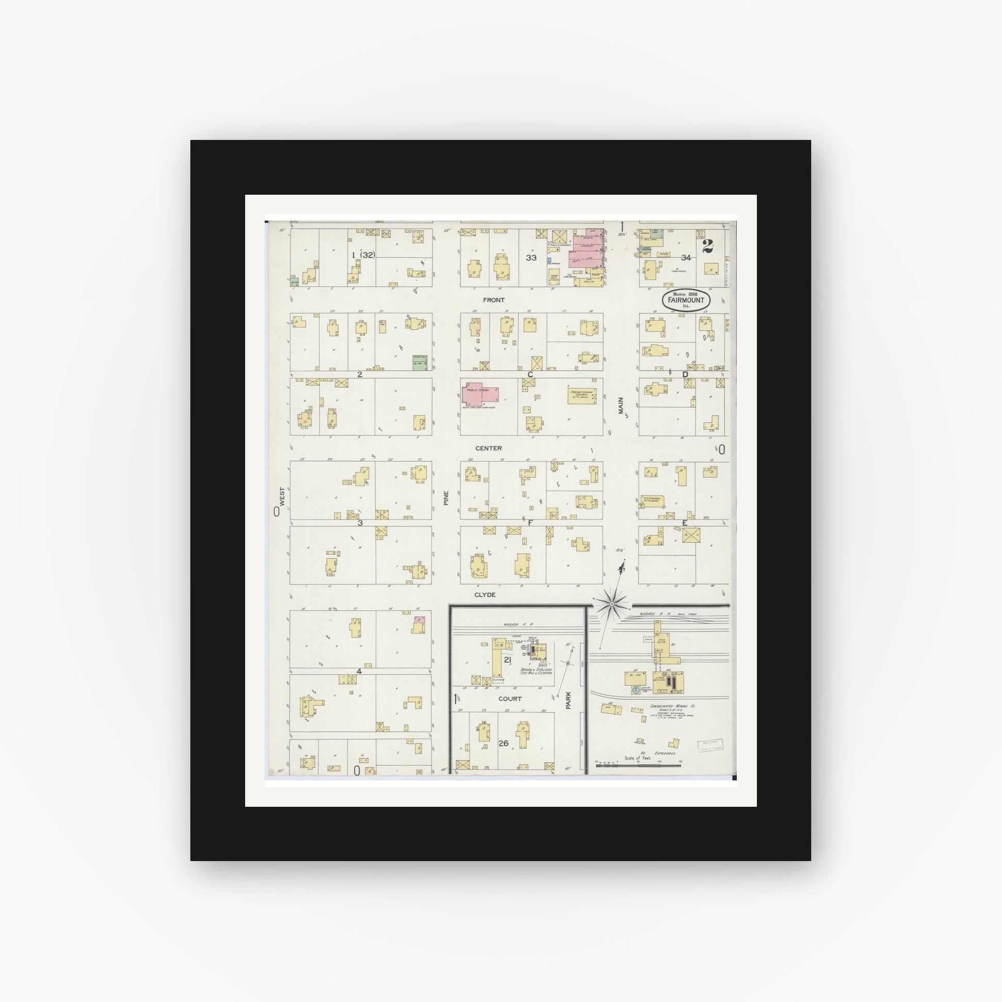 Old map wall art mockup — black gallery frame with white mat — Sanborn Fire Insurance Map from Fairmount, Vermilion County, Illinois (1898), Sheet #0002