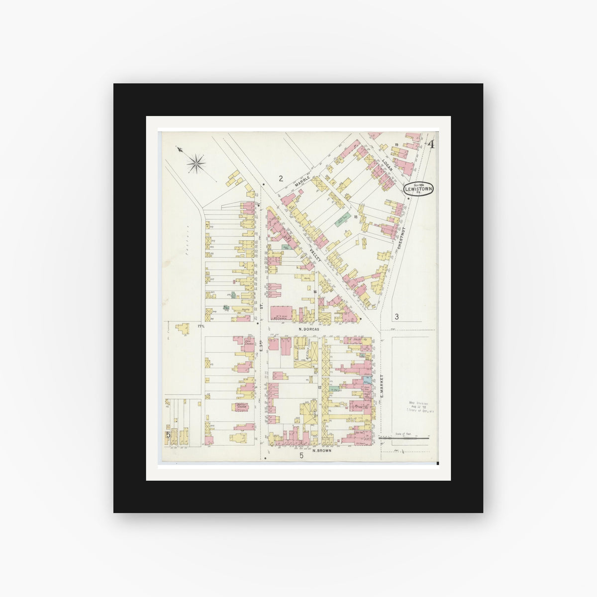 Old map wall art mockup — black gallery frame with white mat — Sanborn Fire Insurance Map from Lewistown, Mifflin County, Pennsylvania (1896), Sheet #0004