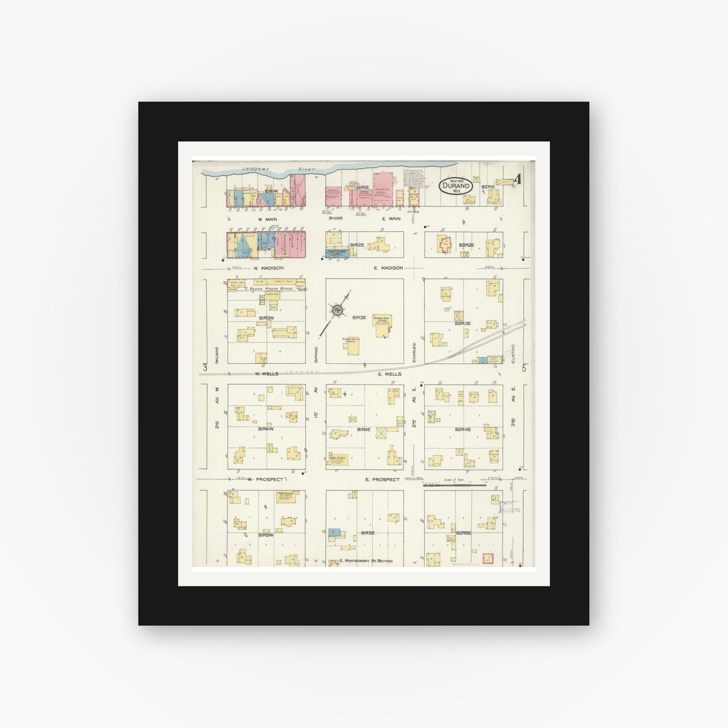 Old map wall art mockup — black gallery frame with white mat — Sanborn Fire Insurance Map from Durand, Pepin County, Wisconsin (1916), Sheet #0004