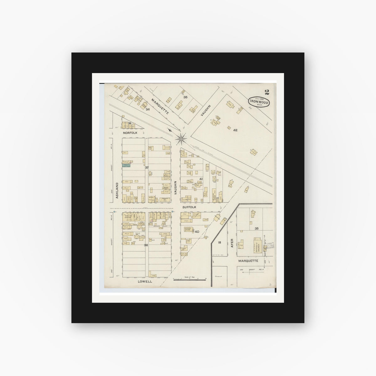 Old map wall art mockup — black gallery frame with white mat — Sanborn Fire Insurance Map from Ironwood, Gogebic County, Michigan (1888), Sheet #0002