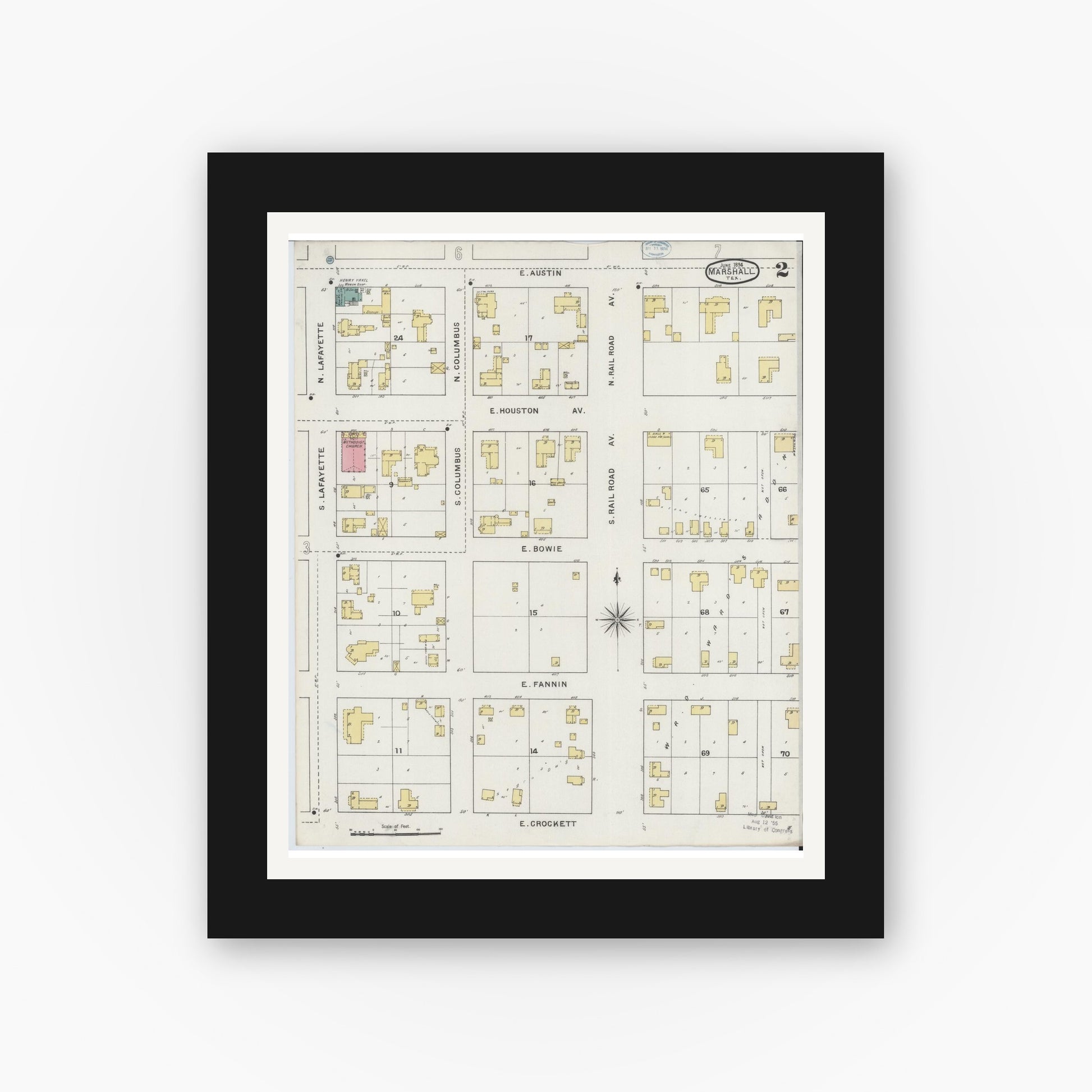 Old map wall art mockup — black gallery frame with white mat — Sanborn Fire Insurance Map from Marshall, Harrison County, Texas (1894), Sheet #0002