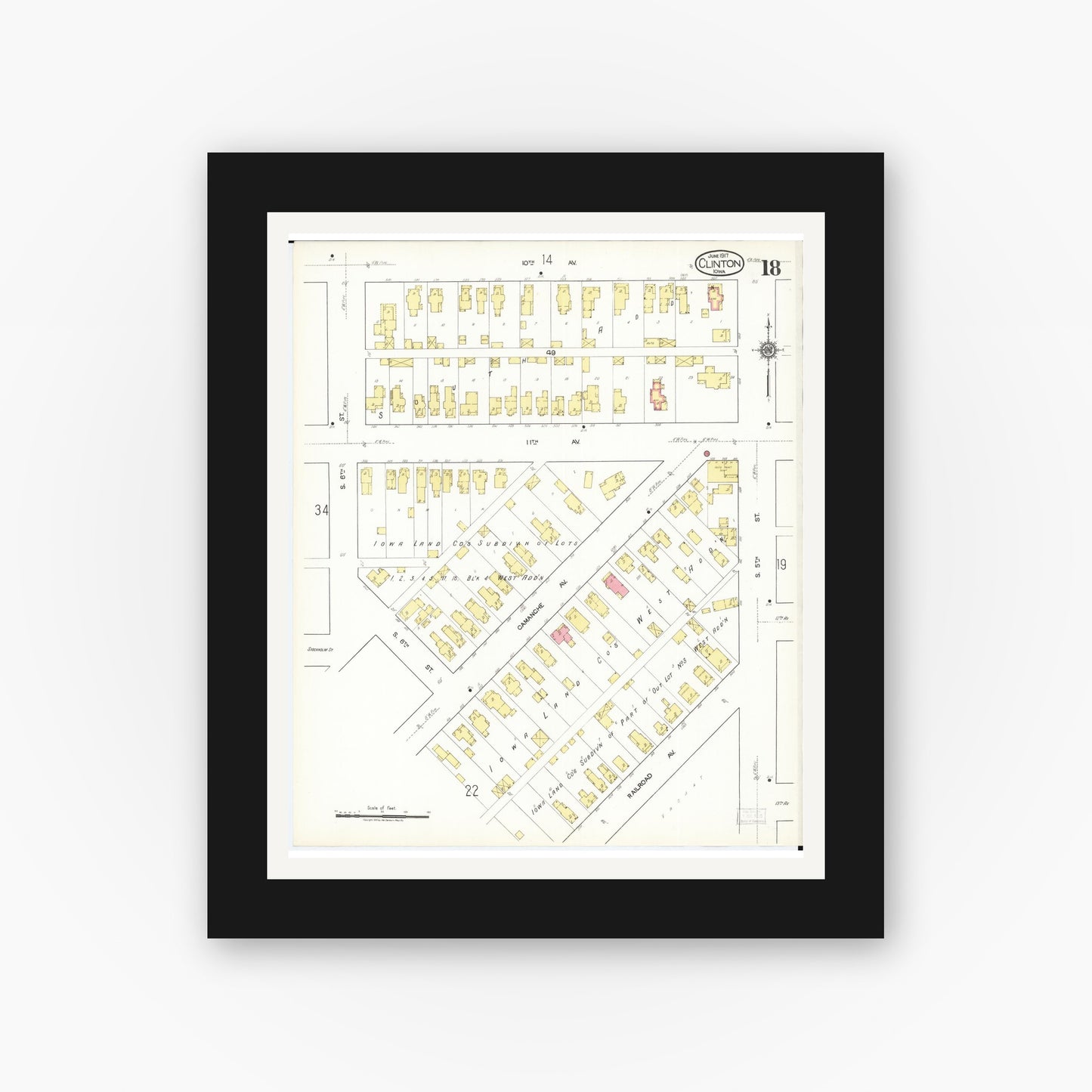 Old map wall art mockup — black gallery frame with white mat — Sanborn Fire Insurance Map from Clinton, Clinton County, Iowa (1917), Sheet #0018