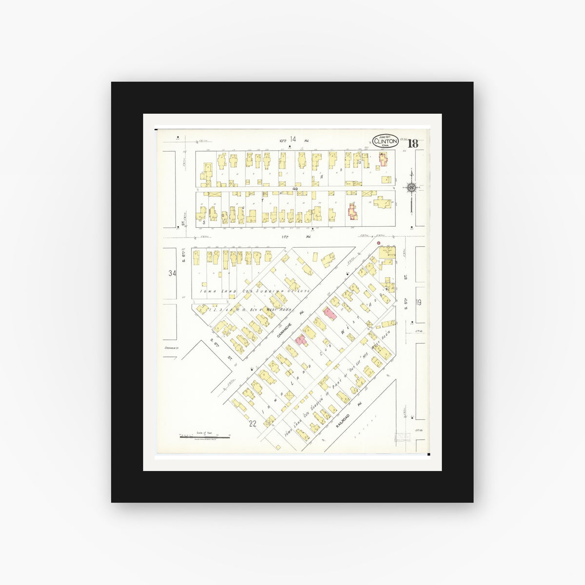 Old map wall art mockup — black gallery frame with white mat — Sanborn Fire Insurance Map from Clinton, Clinton County, Iowa (1917), Sheet #0018