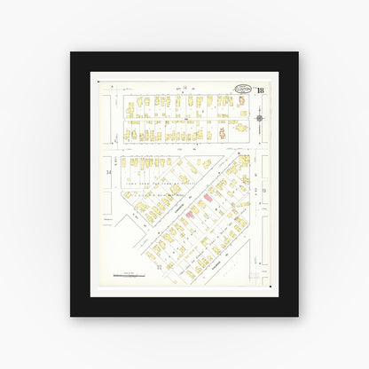 Old map wall art mockup — black gallery frame with white mat — Sanborn Fire Insurance Map from Clinton, Clinton County, Iowa (1917), Sheet #0018