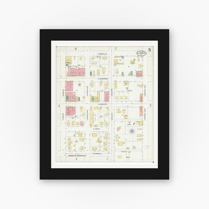 Old map wall art mockup — black gallery frame with white mat — Sanborn Fire Insurance Map from Cleburne, Johnson County, Texas (1898), Sheet #0005