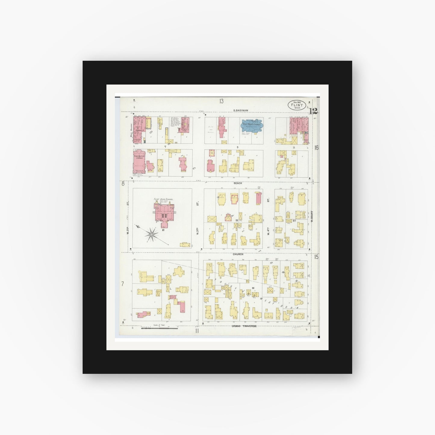 Old map wall art mockup — black gallery frame with white mat — Sanborn Fire Insurance Map from Flint, Genesee County, Michigan (1902), Sheet #0012