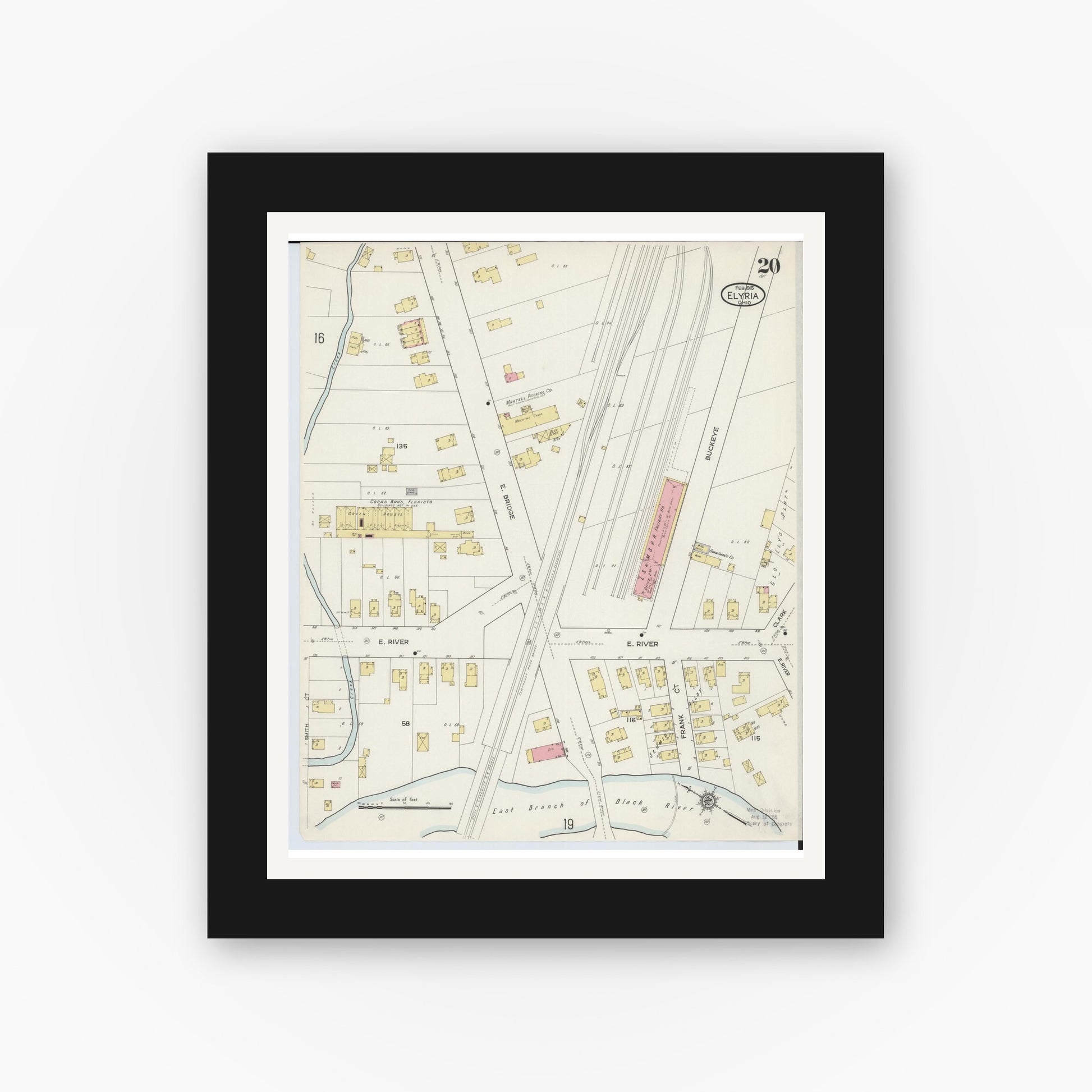 Old map wall art mockup — black gallery frame with white mat — Sanborn Fire Insurance Map from Elyria, Lorain County, Ohio (1915), Sheet #0020