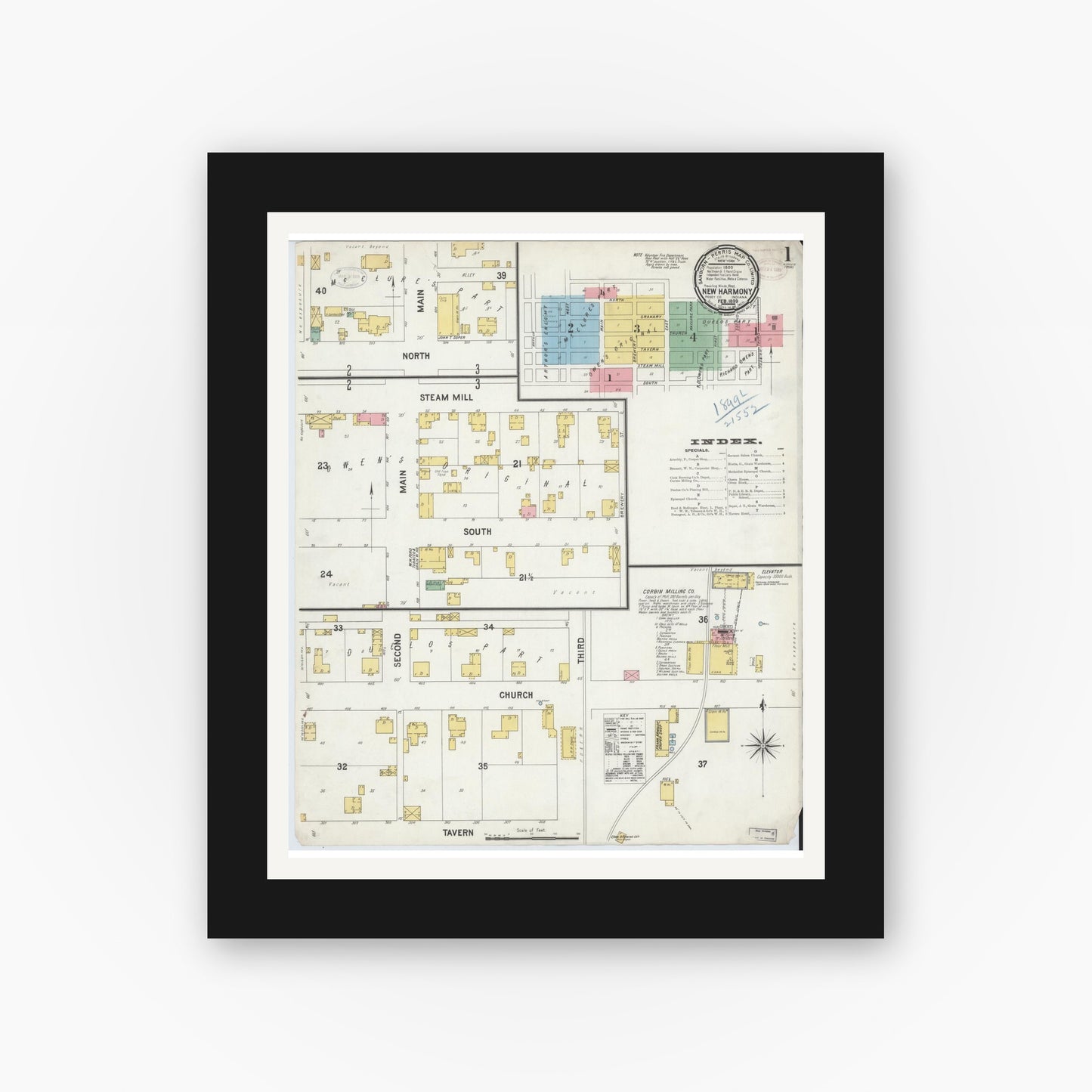 Old map wall art mockup — black gallery frame with white mat — Sanborn Fire Insurance Map from New Harmony, Posey County, Indiana (1899) - Complete Map Set