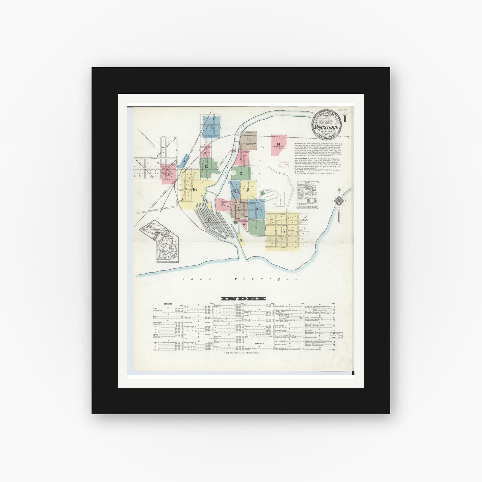 Old map wall art mockup — black gallery frame with white mat — Sanborn Fire Insurance Map from Manistique, Schoolcraft County, Michigan (1914) - Complete Map Set
