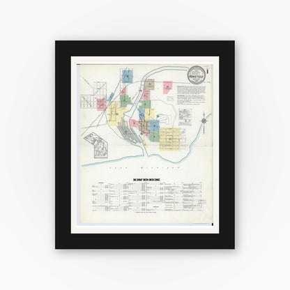 Old map wall art mockup — black gallery frame with white mat — Sanborn Fire Insurance Map from Manistique, Schoolcraft County, Michigan (1914) - Complete Map Set