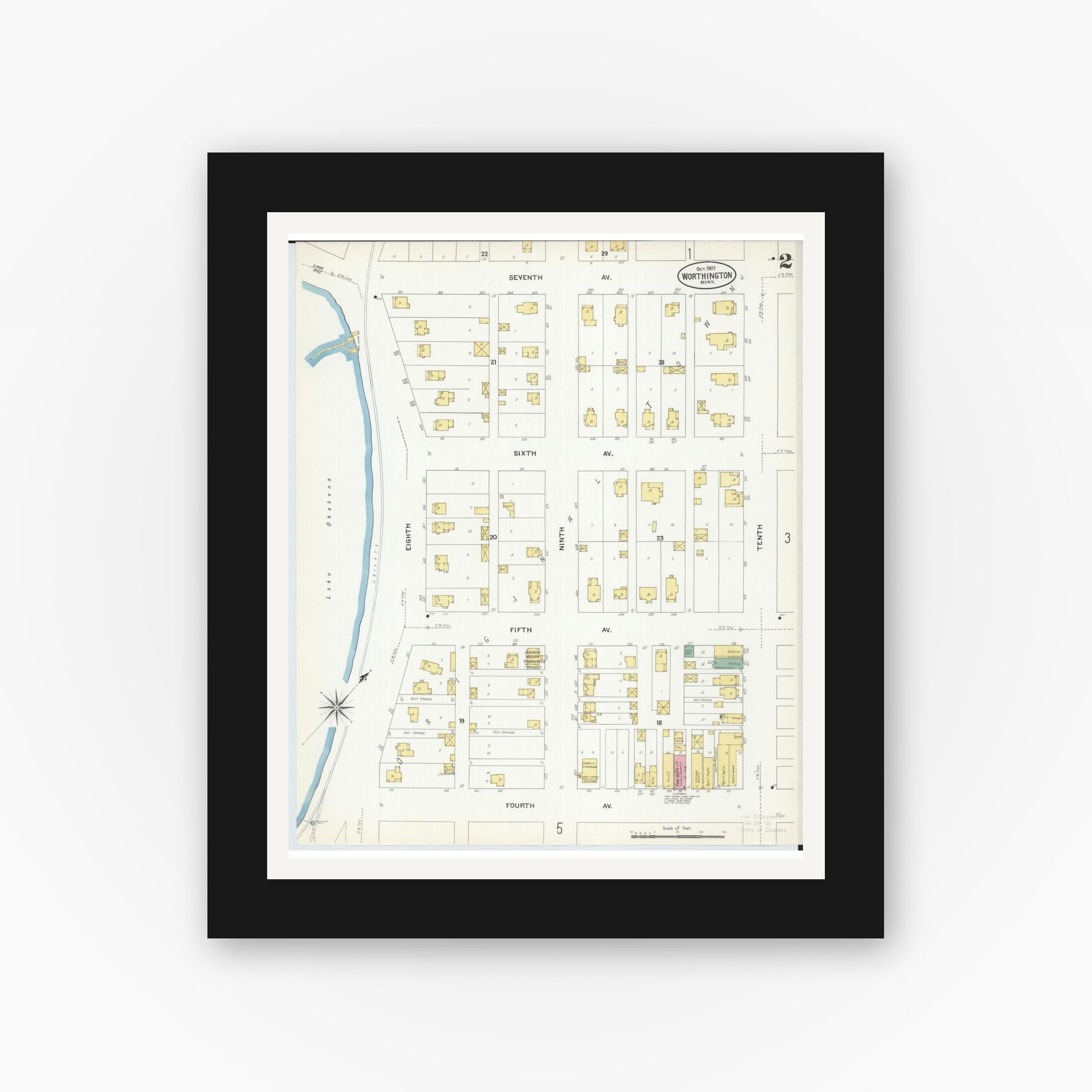 Old map wall art mockup — black gallery frame with white mat — Sanborn Fire Insurance Map from Worthington, Nobles County, Minnesota (1907), Sheet #0002