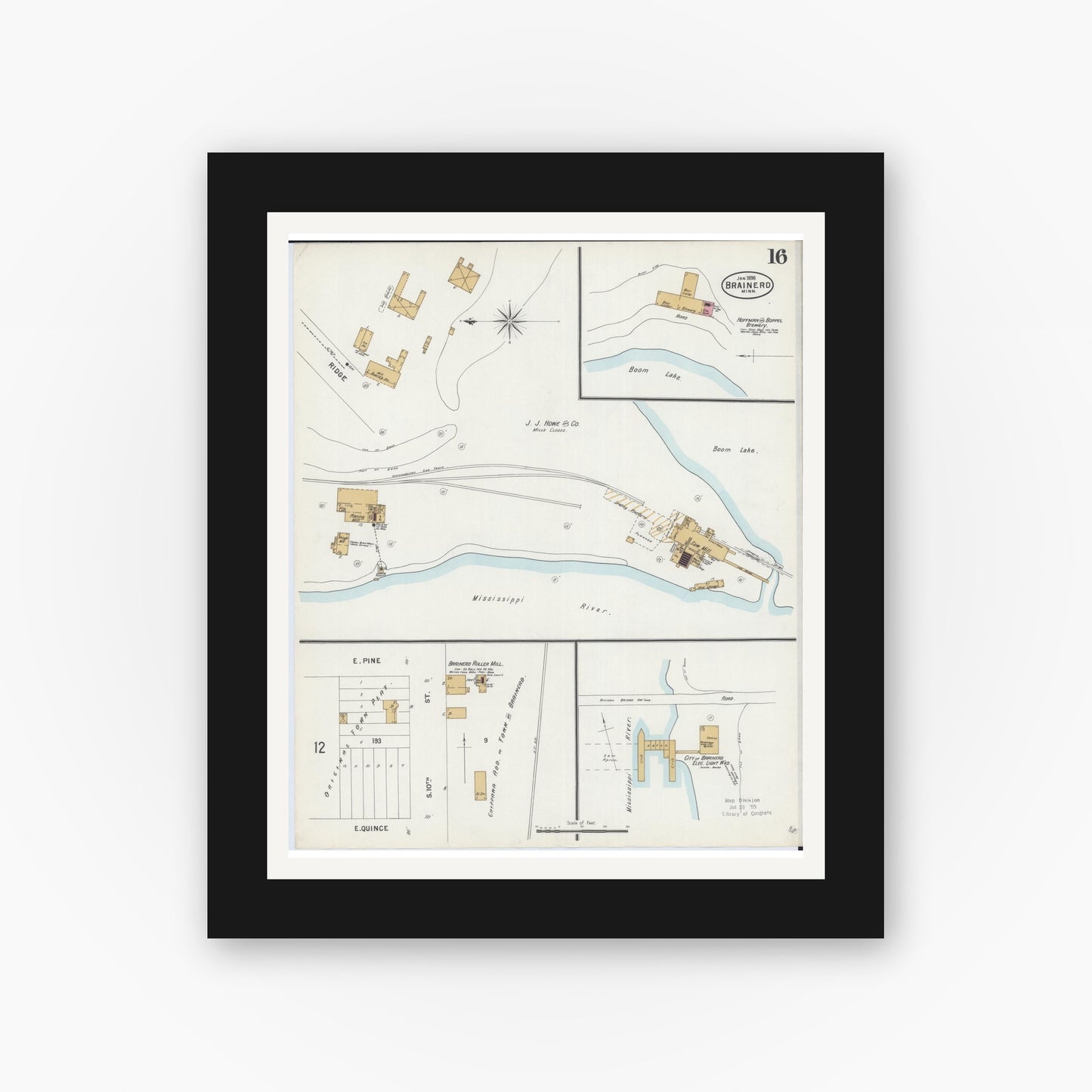 Old map wall art mockup — black gallery frame with white mat — Sanborn Fire Insurance Map from Brainerd, Crow Wing County, Minnesota (1898), Sheet #0016