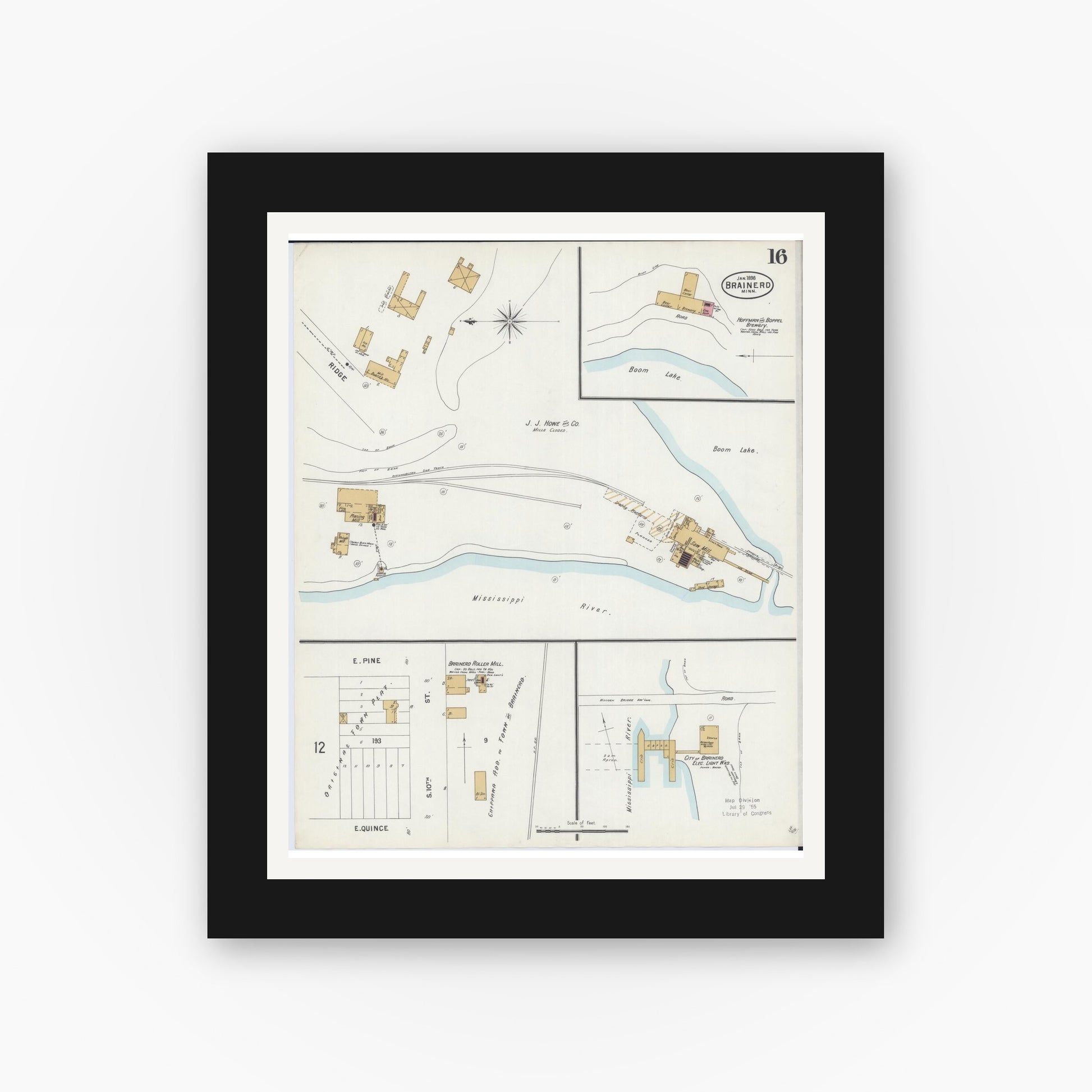 Old map wall art mockup — black gallery frame with white mat — Sanborn Fire Insurance Map from Brainerd, Crow Wing County, Minnesota (1898), Sheet #0016
