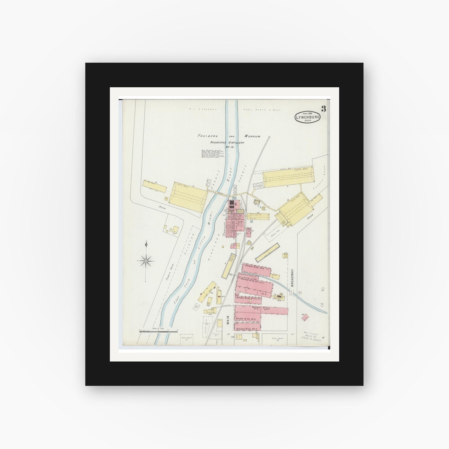 Old map wall art mockup — black gallery frame with white mat — Sanborn Fire Insurance Map from Lynchburg, Highland County, Ohio (1895), Sheet #0003