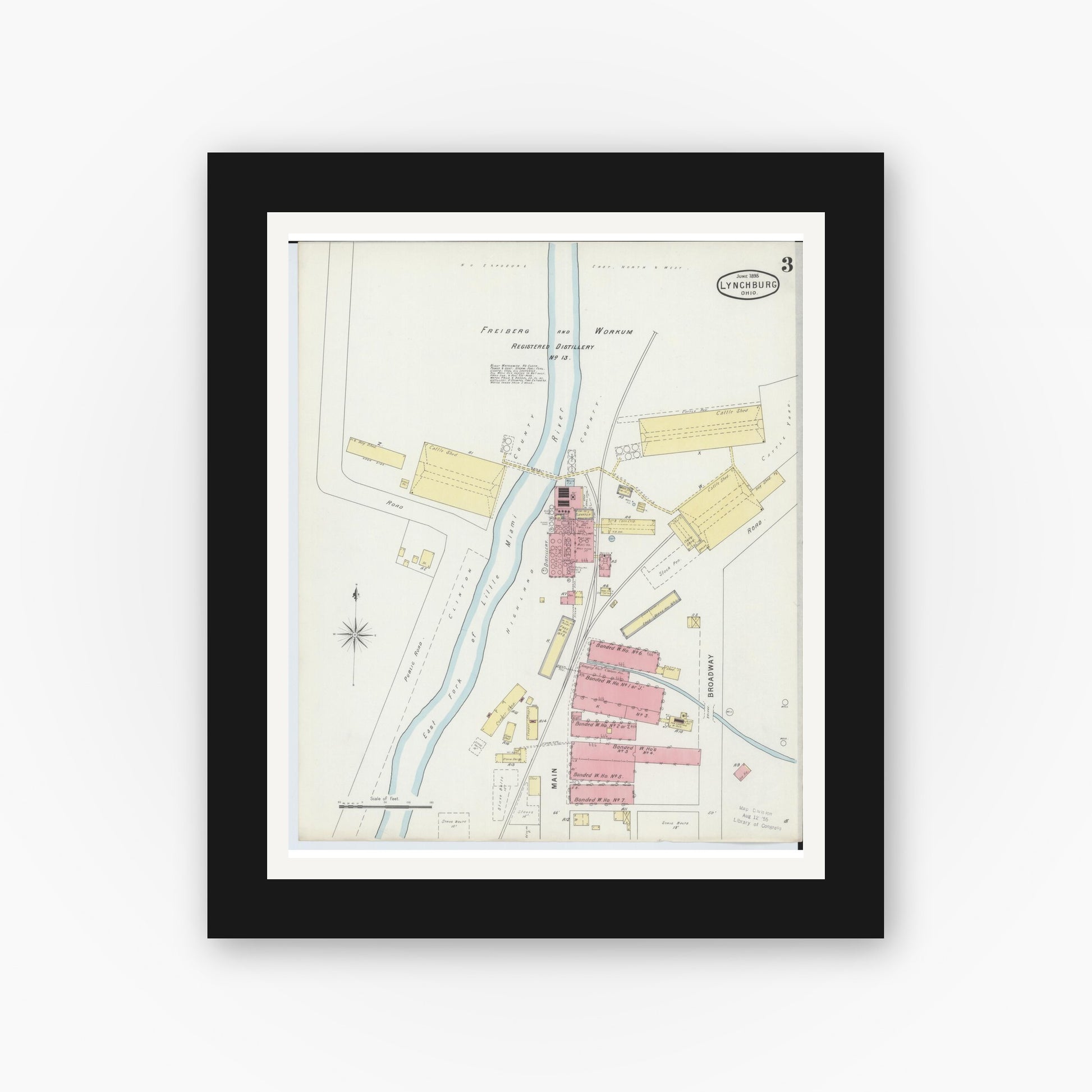 Old map wall art mockup — black gallery frame with white mat — Sanborn Fire Insurance Map from Lynchburg, Highland County, Ohio (1895), Sheet #0003