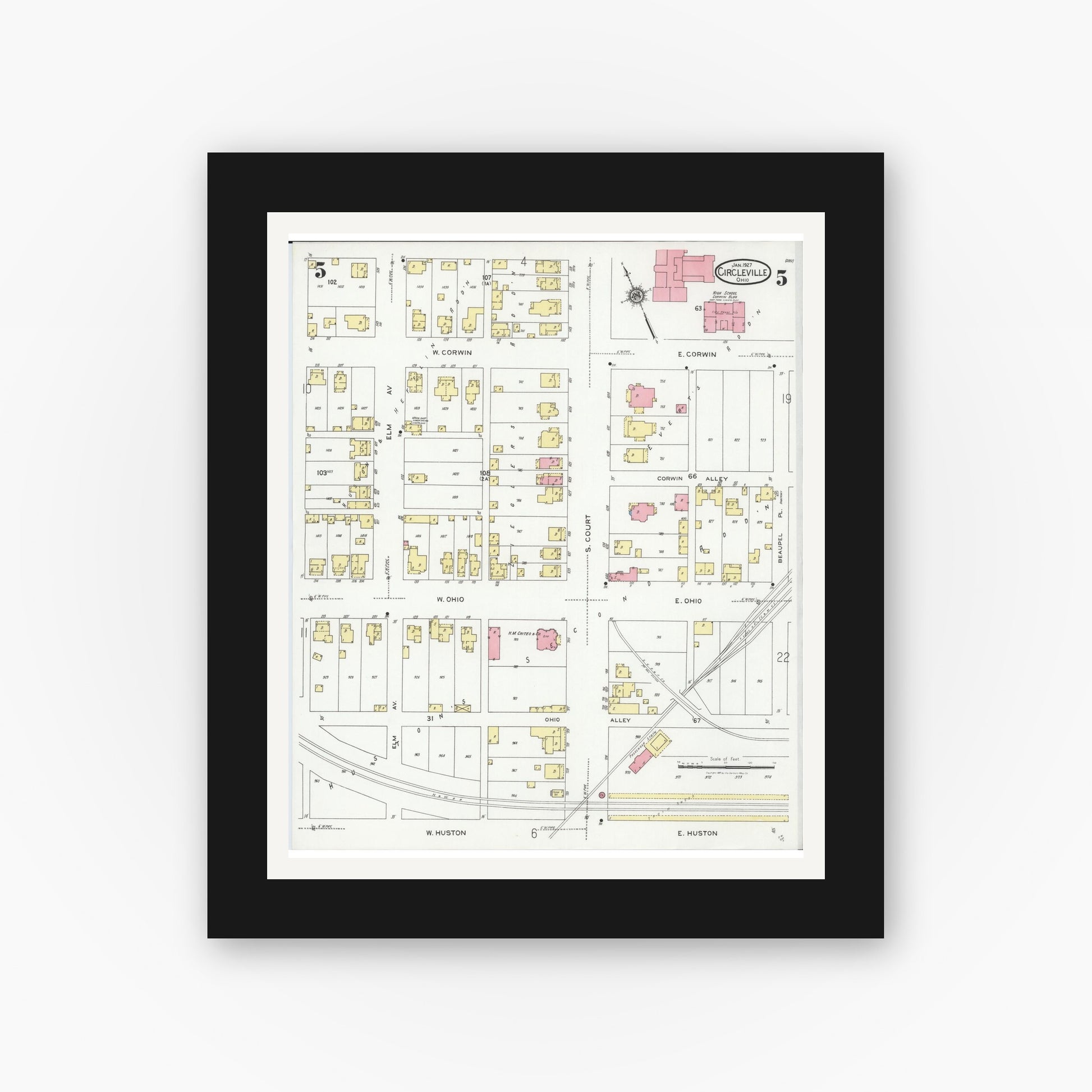Old map wall art mockup — black gallery frame with white mat — Sanborn Fire Insurance Map from Circleville, Pickaway County, Ohio (1927), Sheet #0005