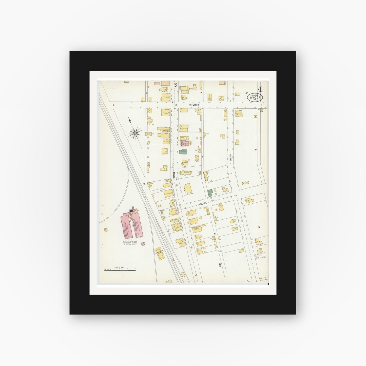 Old map wall art mockup — black gallery frame with white mat — Sanborn Fire Insurance Map from Avoca, Luzerne County, Pennsylvania (1903), Sheet #0004
