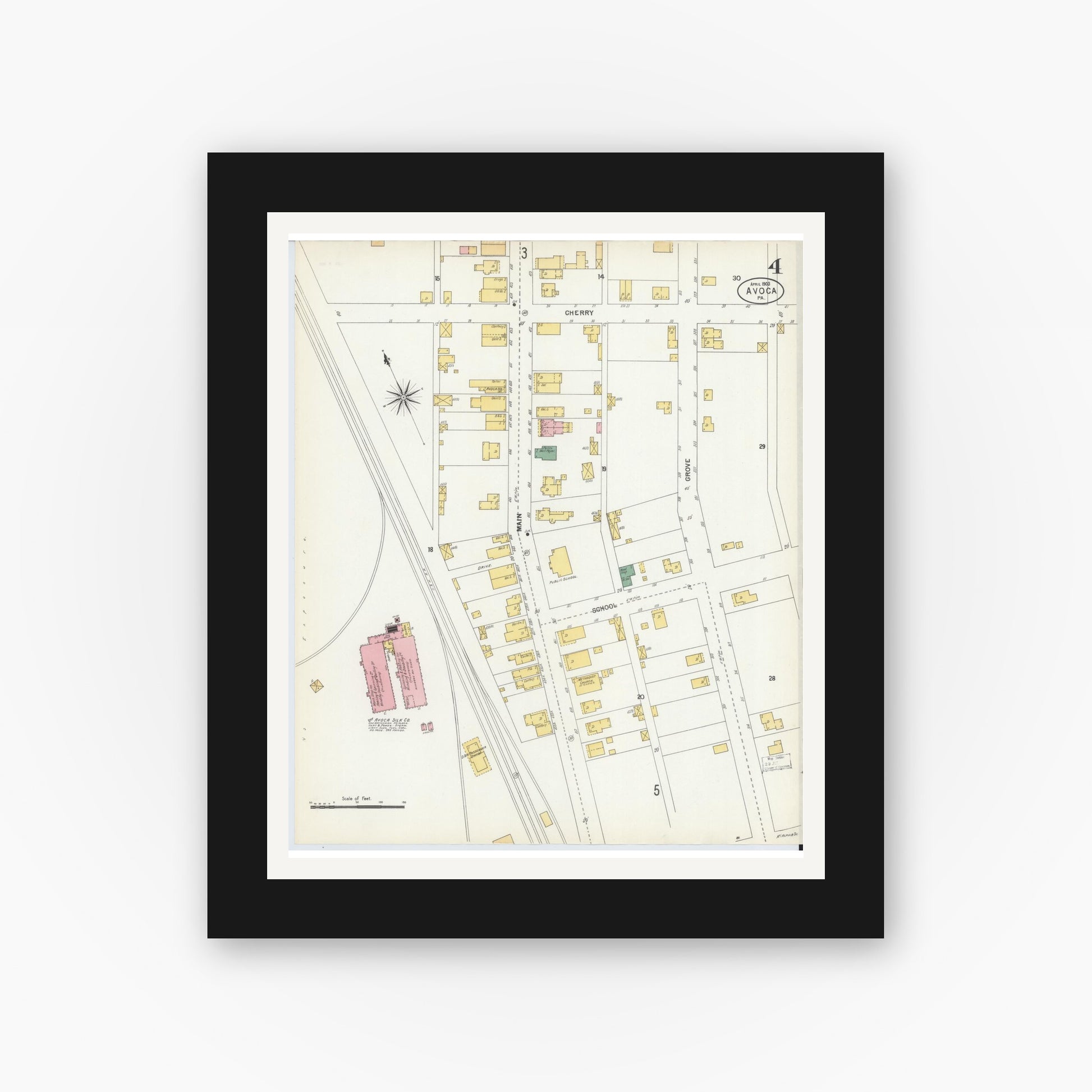 Old map wall art mockup — black gallery frame with white mat — Sanborn Fire Insurance Map from Avoca, Luzerne County, Pennsylvania (1903), Sheet #0004