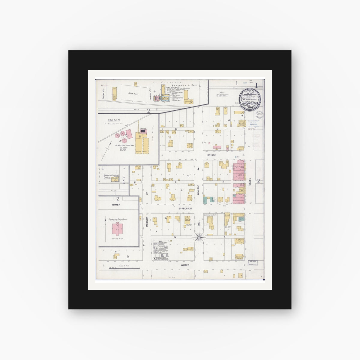 Old map wall art mockup — black gallery frame with white mat — Sanborn Fire Insurance Map from Knobnoster, Johnson County, Missouri (1900), Sheet #0001