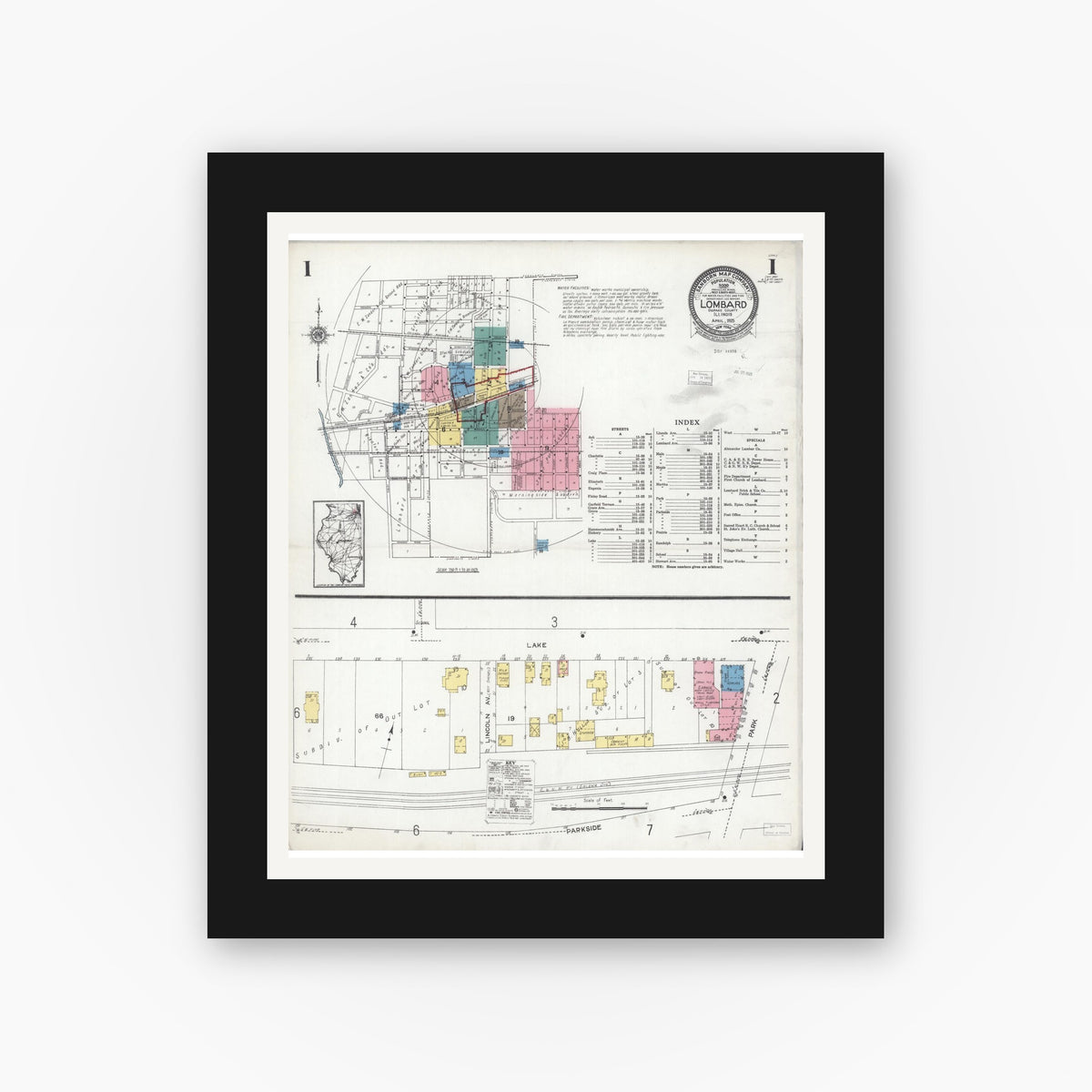 Old map wall art mockup — black gallery frame with white mat — Sanborn Fire Insurance Map from Lombard, Du Page County, Illinois (1925), Sheet #0001