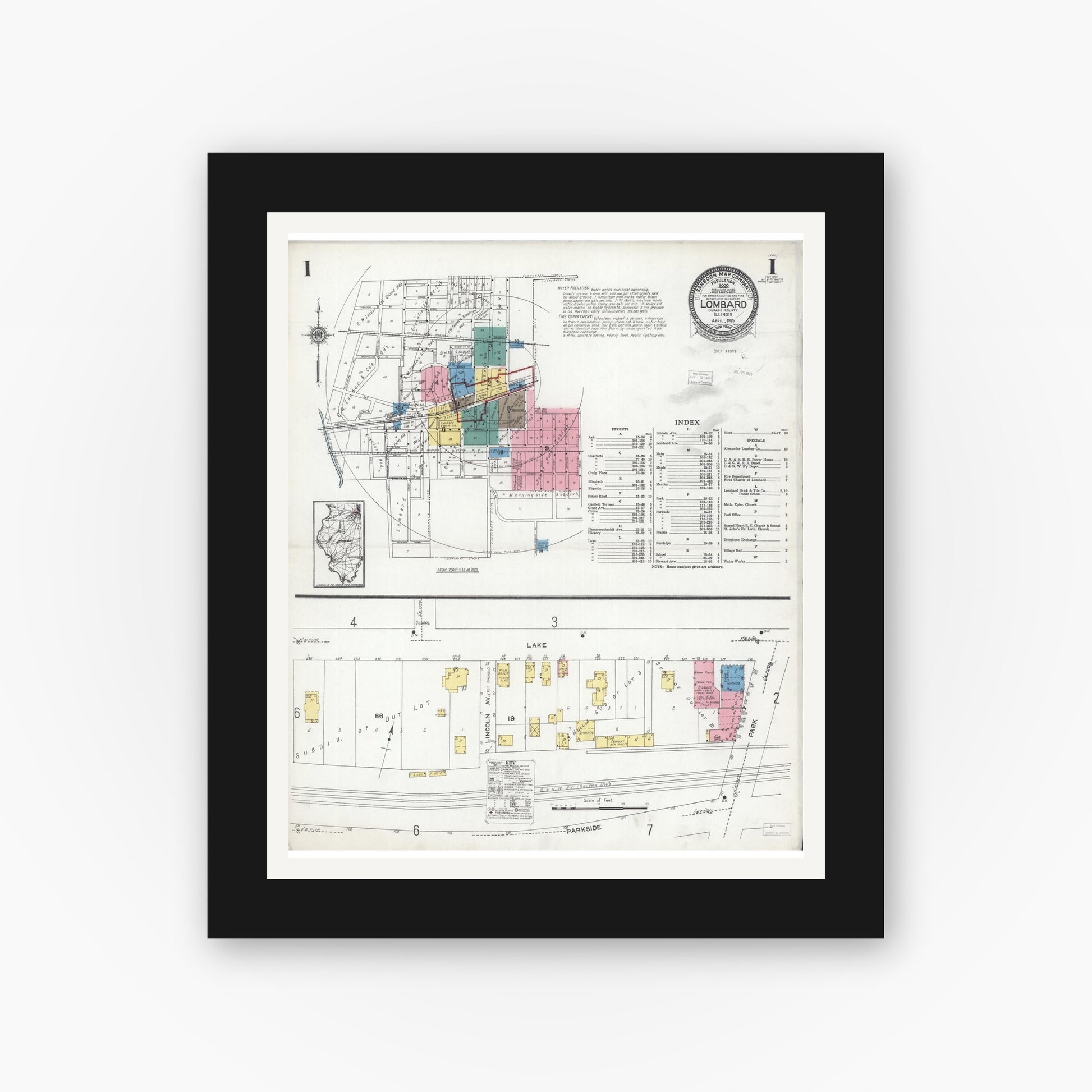 Old map wall art mockup — black gallery frame with white mat — Sanborn Fire Insurance Map from Lombard, Du Page County, Illinois (1925), Sheet #0001
