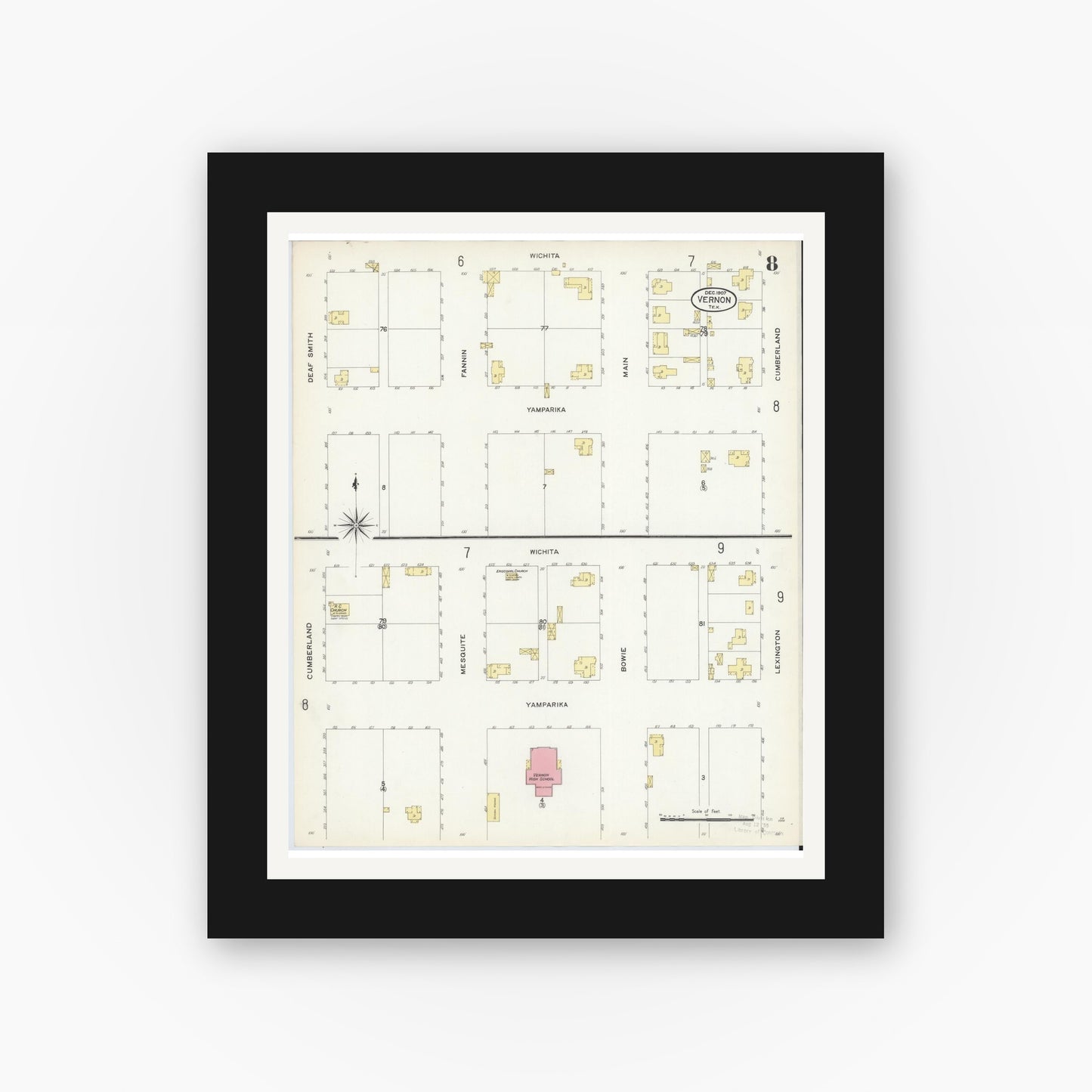 Old map wall art mockup — black gallery frame with white mat — Sanborn Fire Insurance Map from Vernon, Wilbarger County, Texas (1907), Sheet #0008